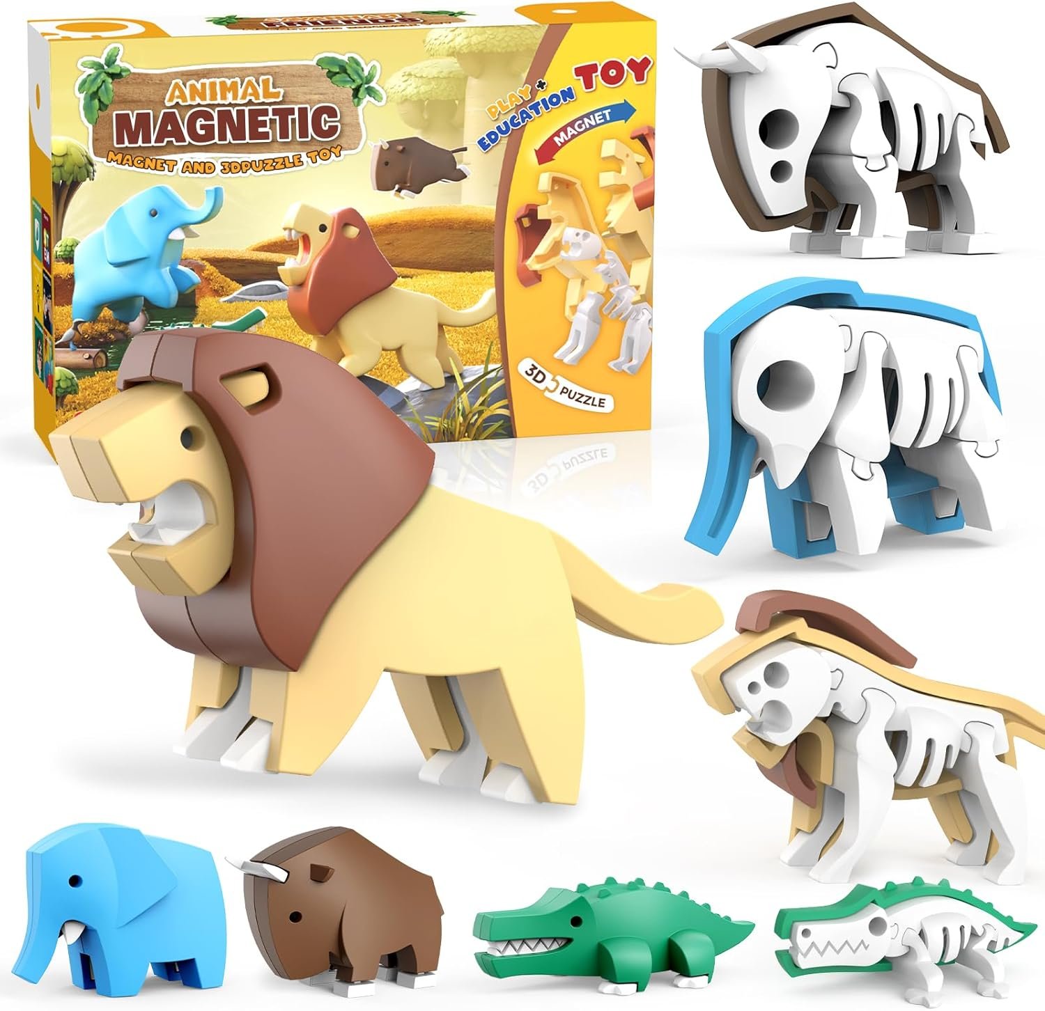 wholesale magnetic animal building toys, stem toddler learning toys 3d puzzle animals for boys girls, educational magnetic travel montessori toy lion elephant crocodile, unique birthday gift for kids 3 4 5 6 7 factory & supplier oem