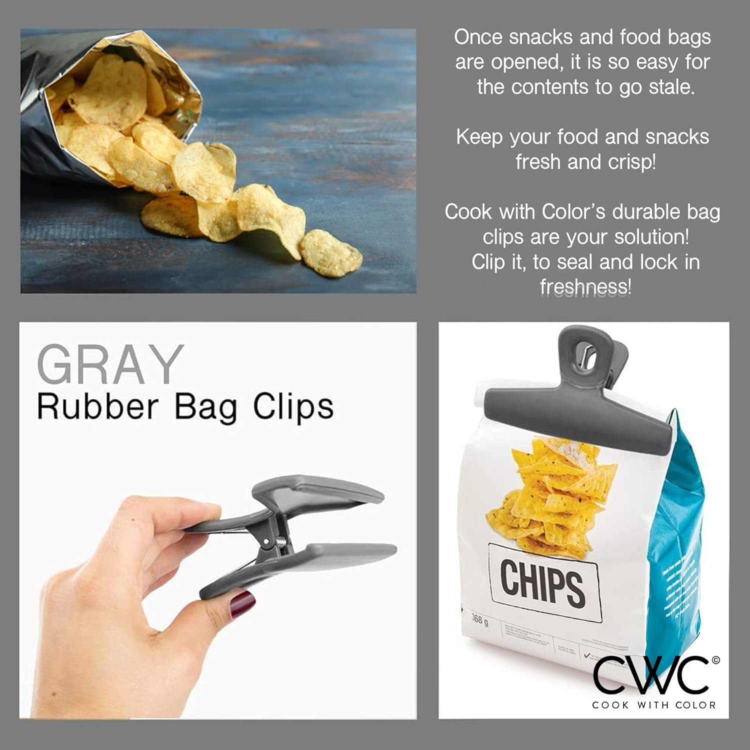 wholesale cook with color bag clips, heavy duty chip clip and refrigerator magnet clips for food storage with air tight seal grip for snack bags and food bags (grey, pack of 8) factory & supplier oem