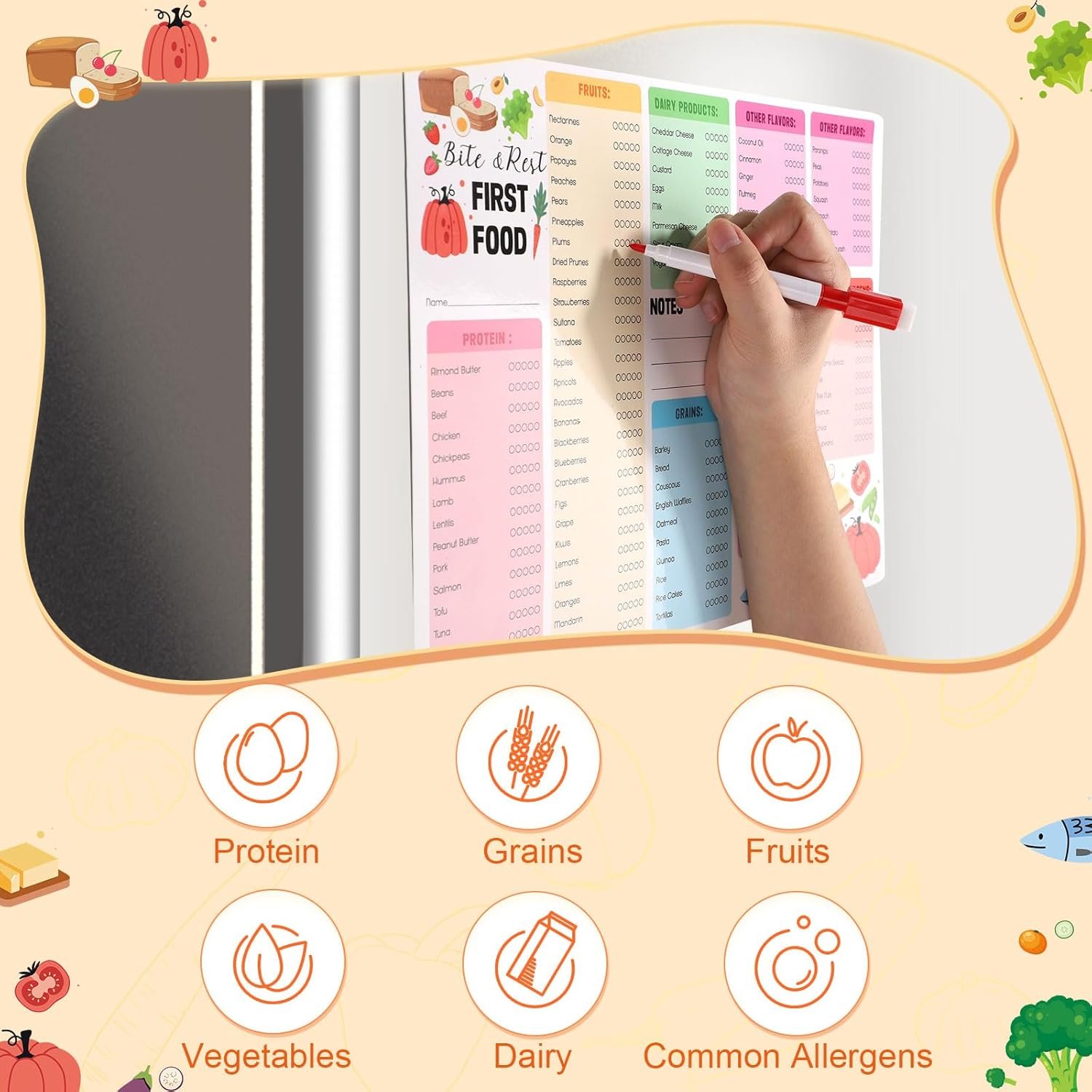 wholesale 13.78x9.84in magnet food list for fridge, baby first foods tracker essential baby food checklist chart with magnetic pen 101 before one baby feeding chart poster for toddler daily log factory & supplier oem