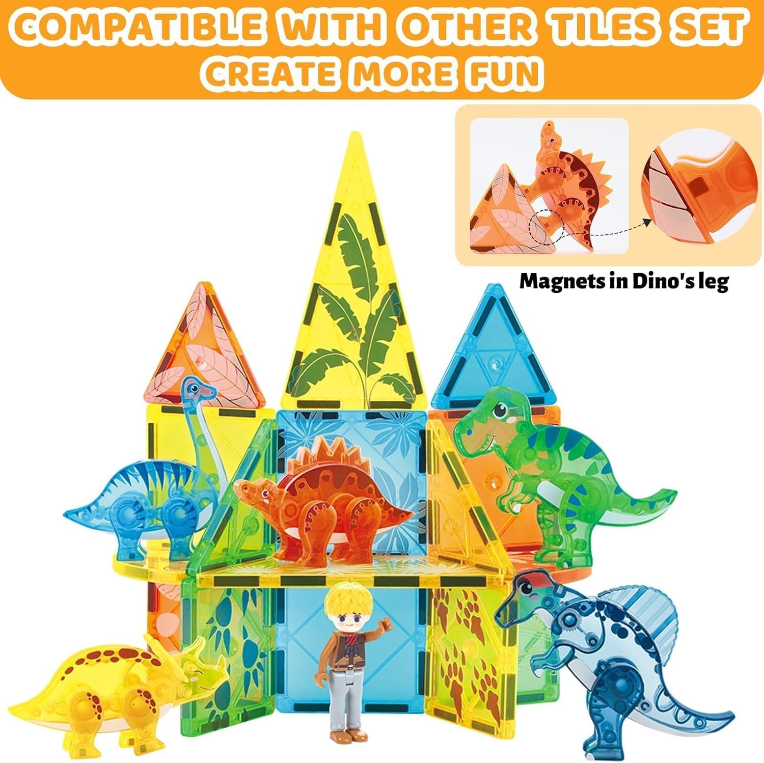 wholesale dinosaur magnetic tiles, educational magnet tiles building block toy dino world, learning construction magnetic toys set for boys girls kids age 3 4 5 6 7 8（49 pcs） factory & supplier oem