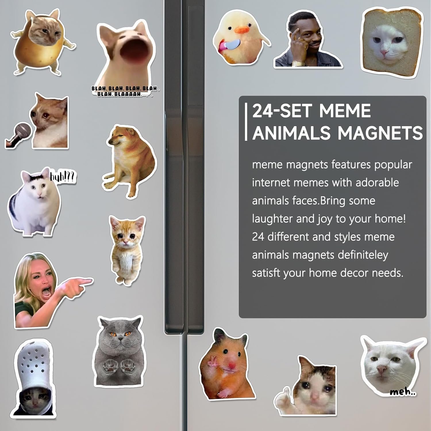 wholesale 24pcs funny magnets for fridge cat meme magnets cool magnet set crying cat dog hamster duck magnets for gaming kitchen home decor refrigerator car office cabinet dishwasher and whiteboard accessories factory & supplier oem