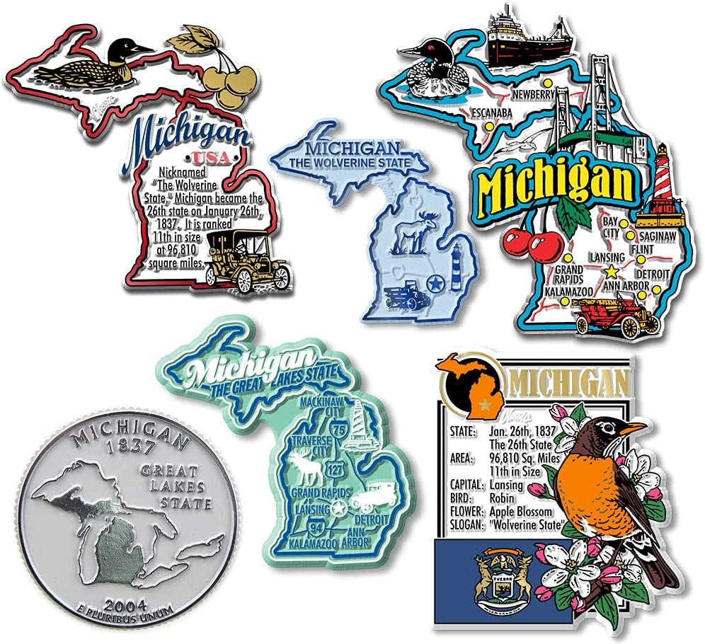 wholesale michigan six-piece state magnet set by classic magnets, includes 6 unique designs, collectible souvenirs made in the usa factory & supplier oem
