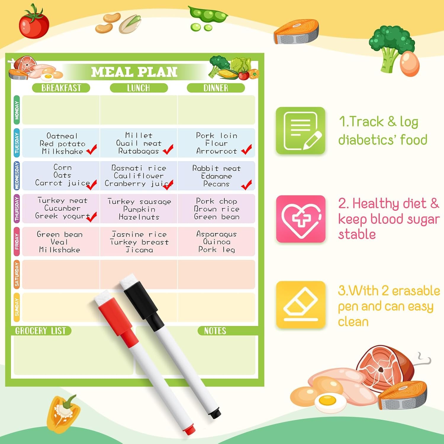 wholesale pasimy 4 pcs diabetes food lists chart magnet fridge 11 x 14 diabetic meal planner magnetic prediabetes grocery food journal log with 2 dry erase pens serving size carbs calories glycemic index factory & supplier oem