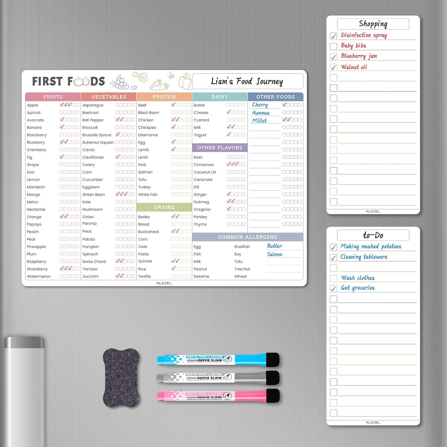 wholesale baby first food tracker for fridge, magnetic dry erase baby foods chart, includes foods checklist magnet with 2 list boards, 3 markers + eraser factory & supplier oem