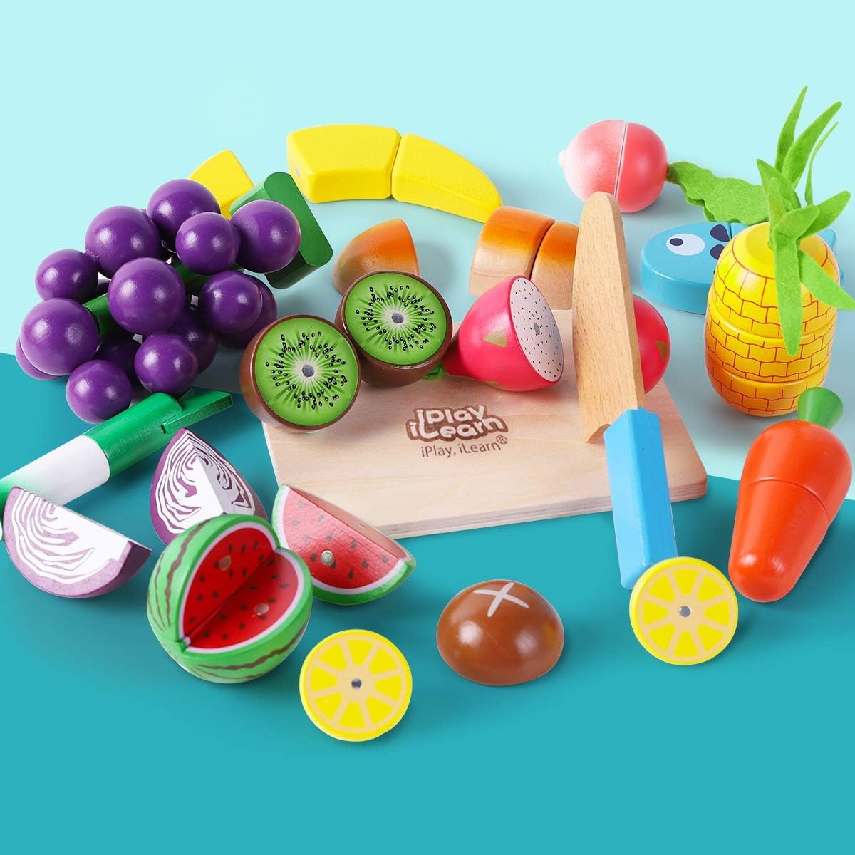 wholesale iplay, ilearn wooden play food toy, kids wood cutting magnetic fruit vegetables, toddler cooking pretend play kitchen food set, montessori educational birthday gift for age 3 4 5 6 7 year old girl boy factory & supplier oem