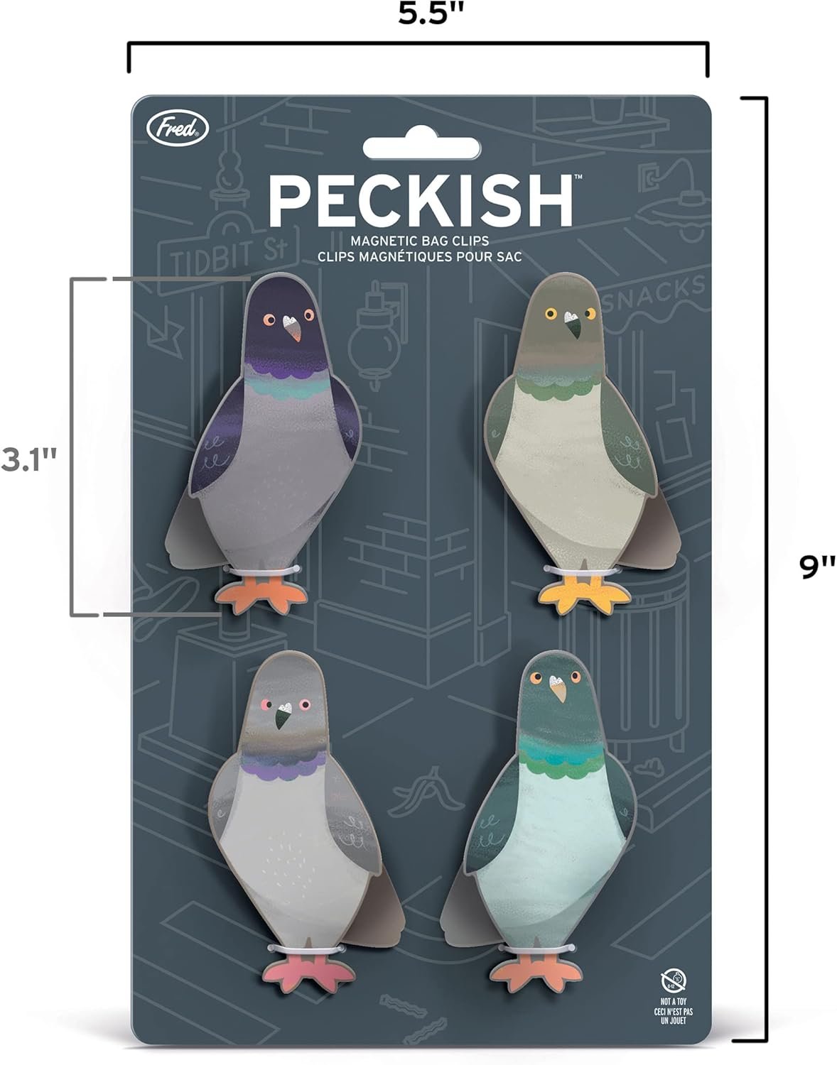 wholesale genuine fred peckish, pigeon magnetic bag clips, set of 4, chip clips, bag clips for food, or for use on the fridge factory & supplier oem