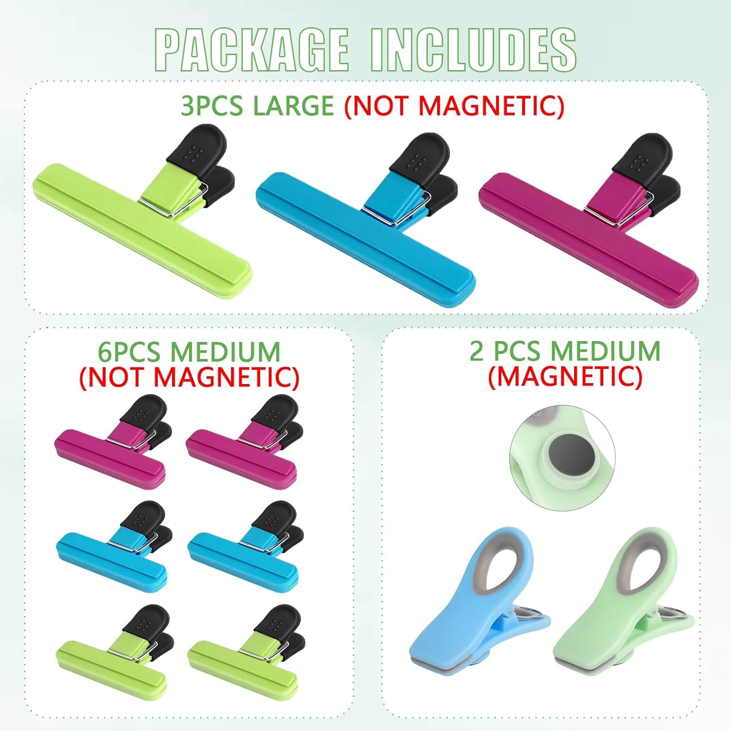 wholesale leezmark 11 pcs chip clips, bag clips for food storage, assorted sizes potato chip clips magnetic bag clips for chip bread snack clips, heavy duty bag sealing clips food clips factory & supplier oem