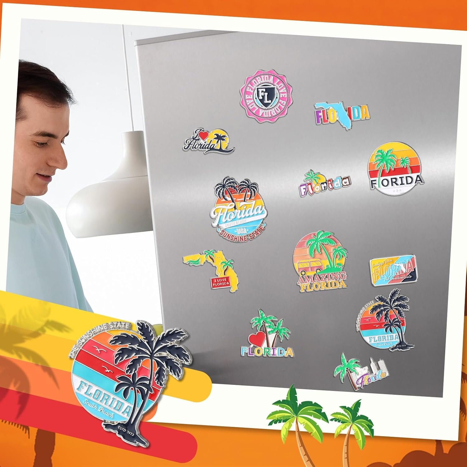 wholesale konohan 12 pcs florida magnets for refrigerator metal usa fridge magnet magnetic florida souvenirs gifts usa state magnetic refrigerator stickers, coconut tree, map factory & supplier oem