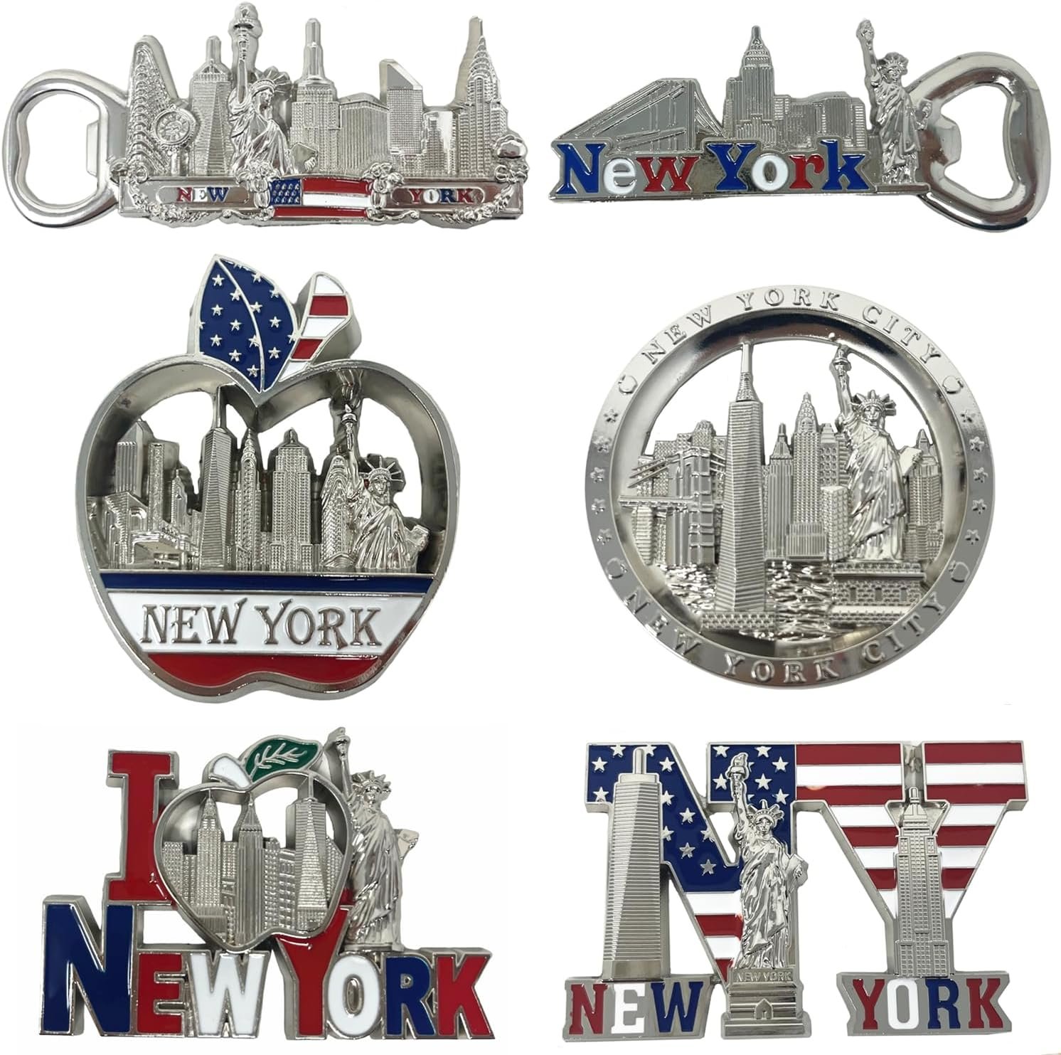 wholesale 6 pack silver bundle nyc metal fridge magnets new york souvenir empire state building, skylines, statue of liberty, brooklyn bridge, big apple, usa flag, fridge magnet bottle opener factory & supplier oem