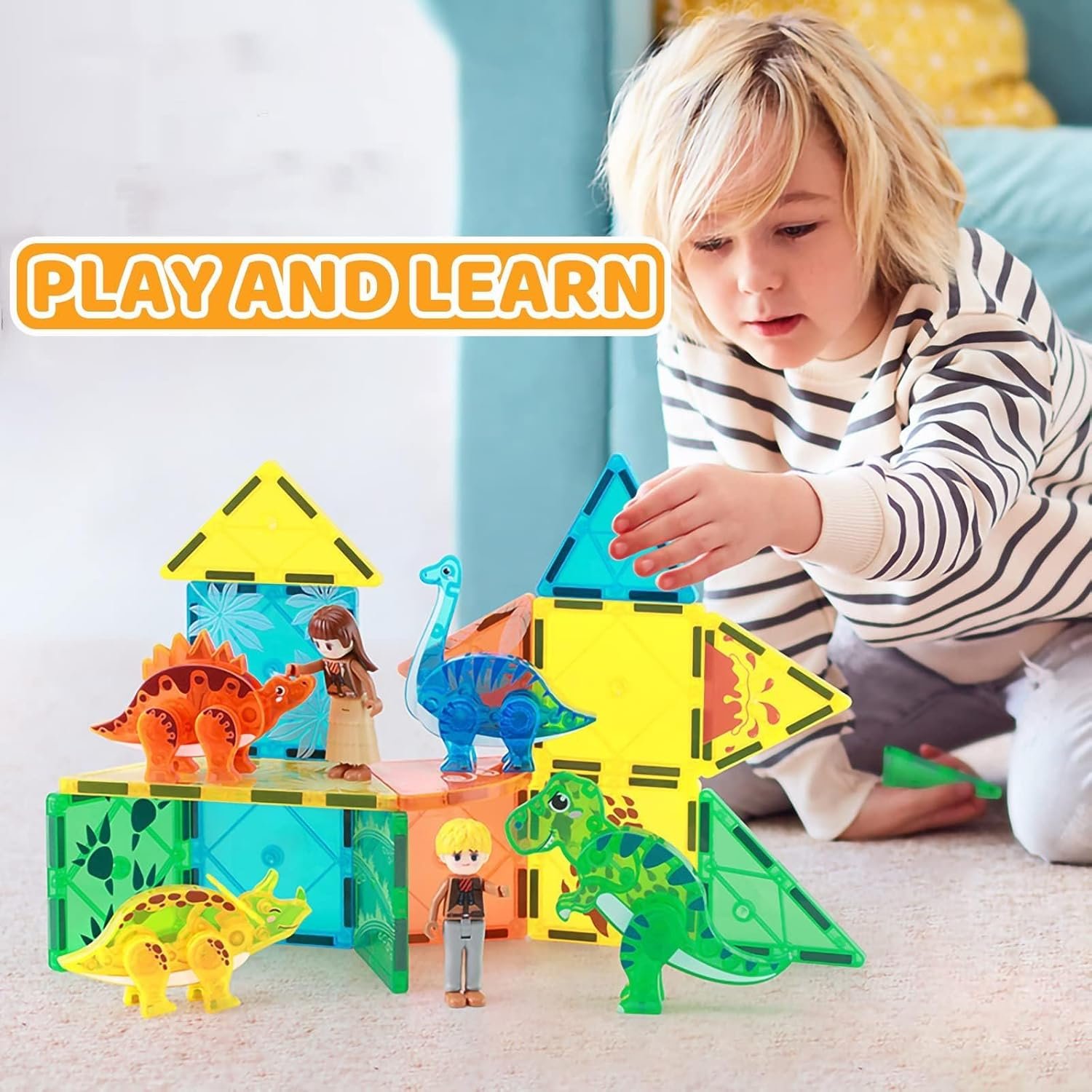 wholesale dinosaur magnetic tiles, educational magnet tiles building block toy dino world, learning construction magnetic toys set for boys girls kids age 3 4 5 6 7 8（49 pcs） factory & supplier oem