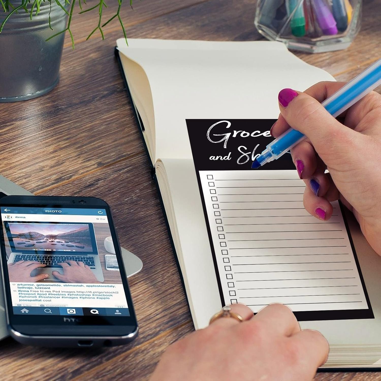 wholesale grocery list pads funny memo notepad magnet refrigerator notepad with 1 piece pen holder magnetic pu leather marker pouch for shopping and to do lists (black, stripe style) factory & supplier oem