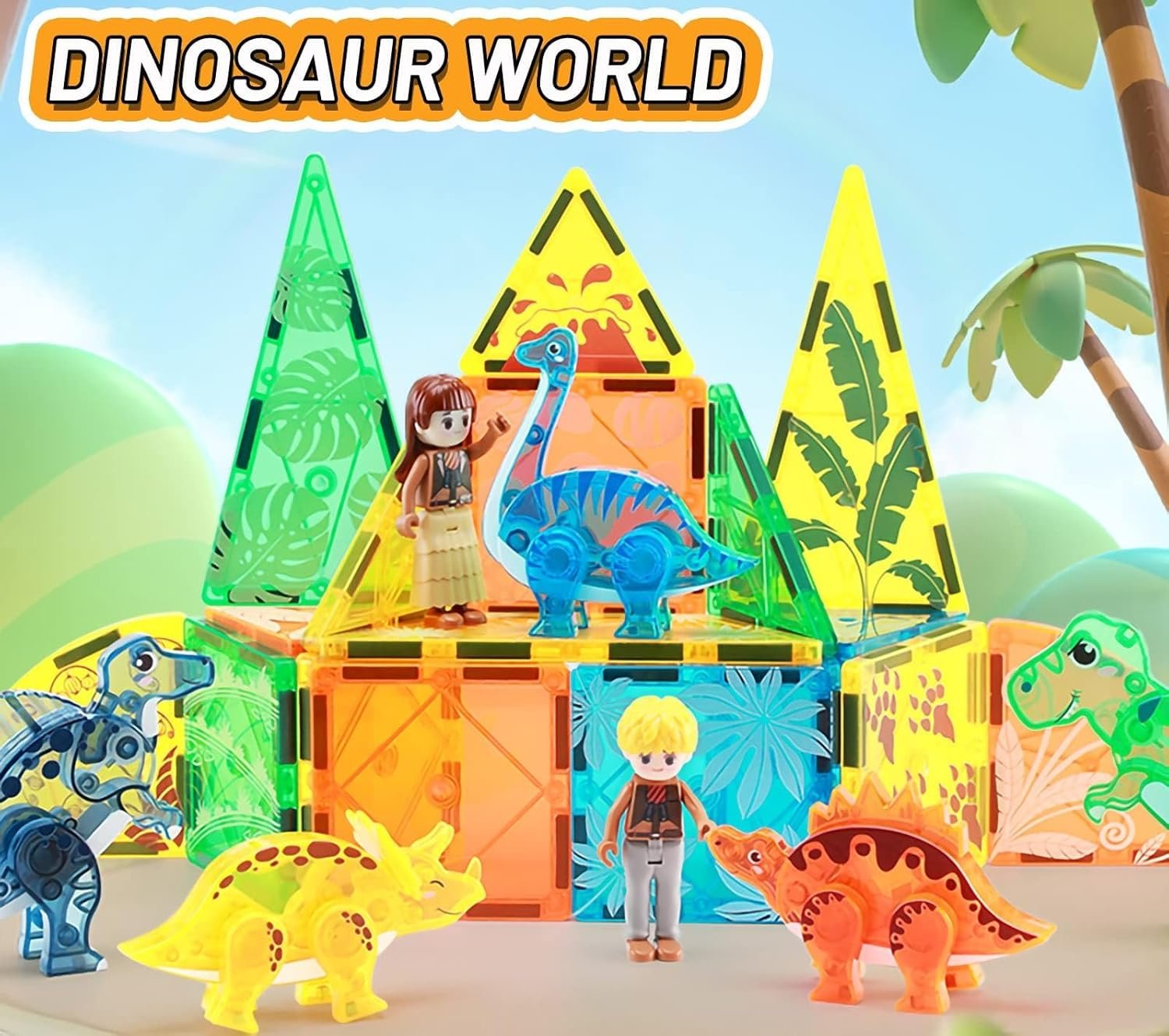 wholesale dinosaur magnetic tiles, educational magnet tiles building block toy dino world, learning construction magnetic toys set for boys girls kids age 3 4 5 6 7 8（49 pcs） factory & supplier oem