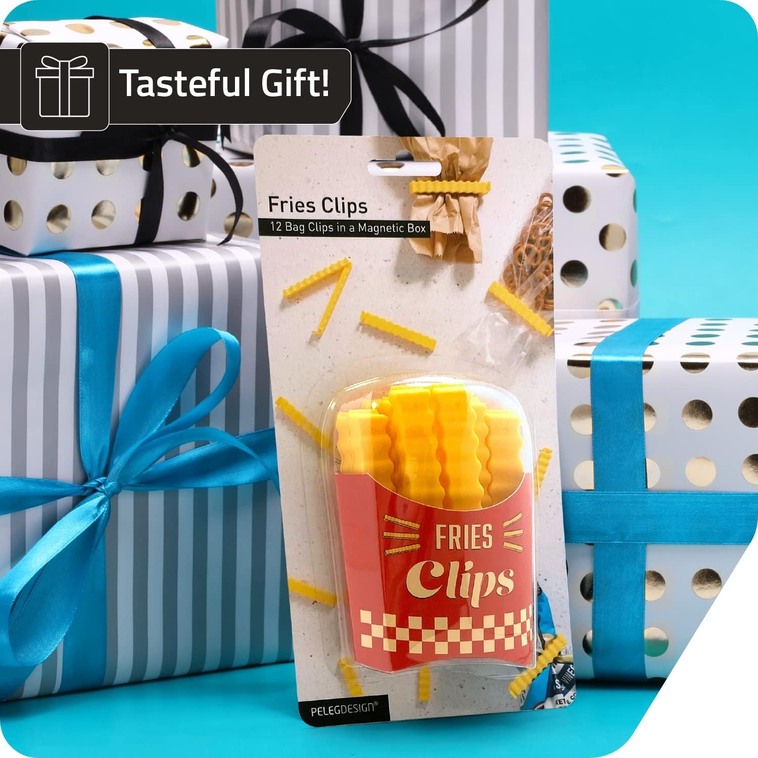 wholesale fries clips: 12 cute french-fries-shaped bag clips to seal opened food packages | fun bag clips for food in a magnetic box to always be at hand | cute kitchen accessories by peleg design factory & supplier oem