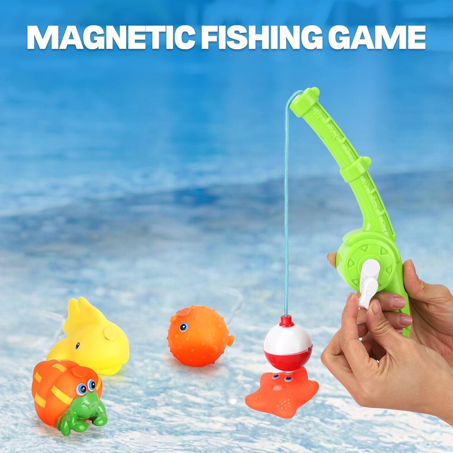 wholesale magnetic toddler bath toys - kids fishing pool game set of 2 fishing poles, 8 rubber sea animals, & net - water toys with mesh organizer bag factory & supplier oem