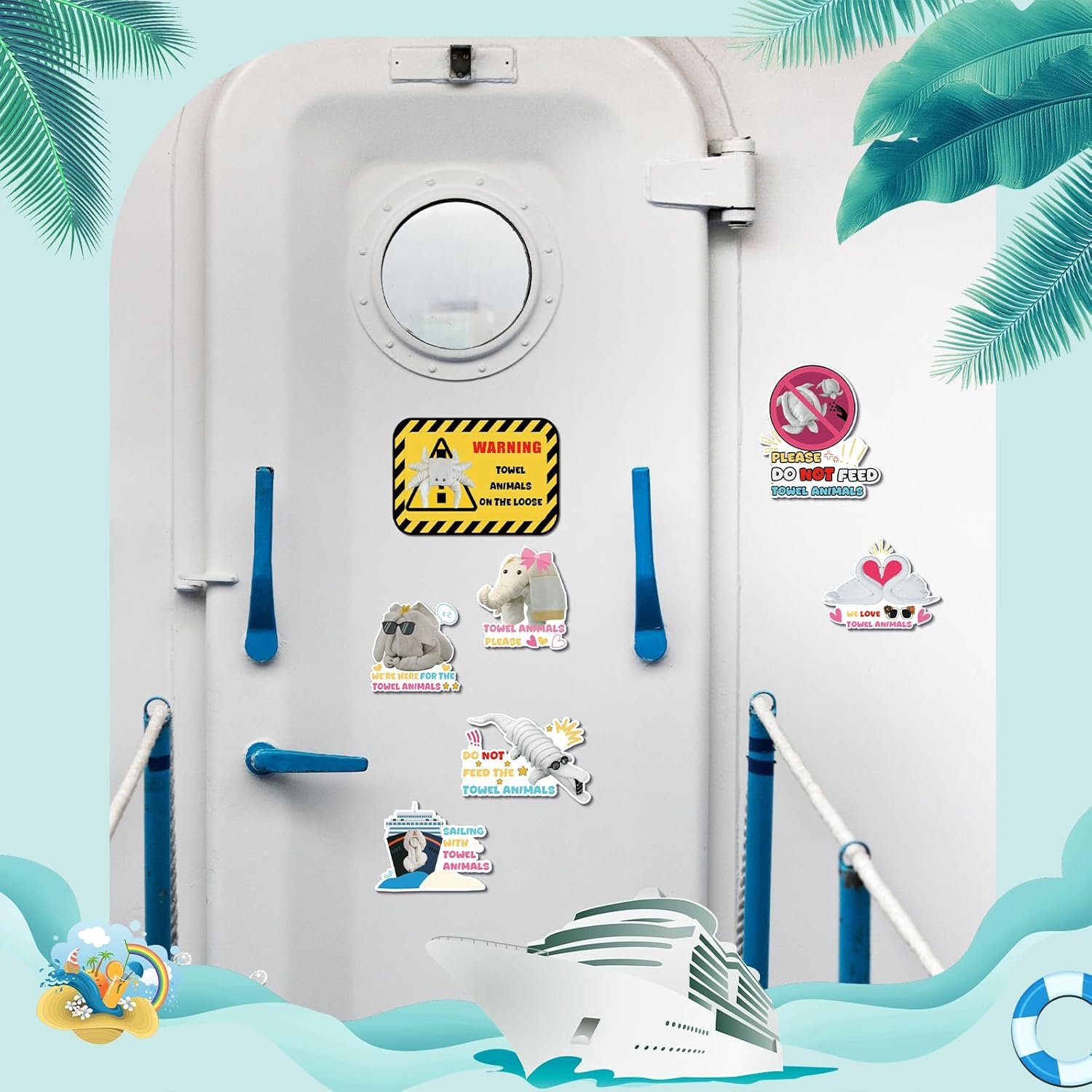 wholesale towel animals - 7pcs large funny cruise ship door decoration stickers, sea ocean magnetic stickers, cute animals cruise decal for home, kitchen, cabinet, carnival party decor factory & supplier oem