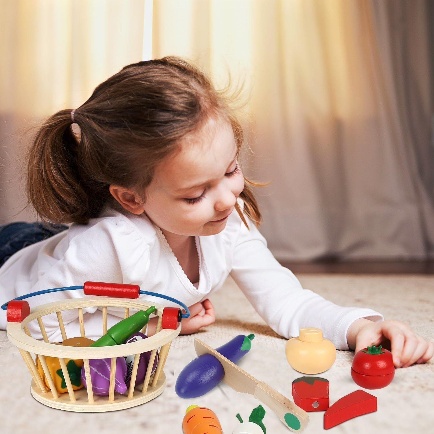wholesale victostar magnetic wooden cutting fruits vegetables food play toy set with basket for kids factory & supplier oem