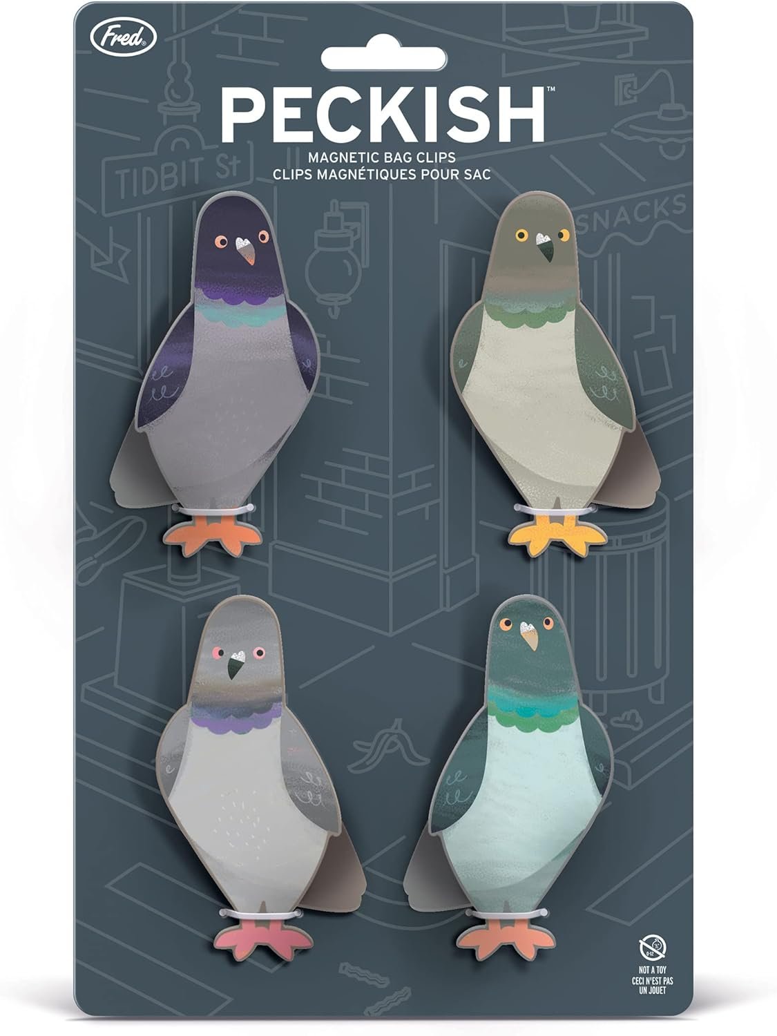 wholesale genuine fred peckish, pigeon magnetic bag clips, set of 4, chip clips, bag clips for food, or for use on the fridge factory & supplier oem