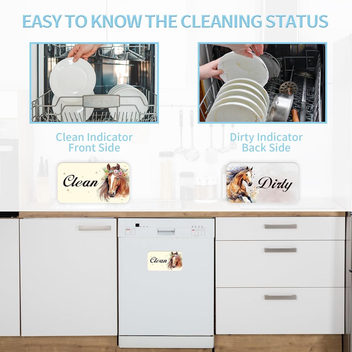 wholesale dishwasher magnet clean dirty sign, double-sided horse print rounded rectangle clean/dirty magnets for dish washers, home and kitchen magnetic accessories factory & supplier oem