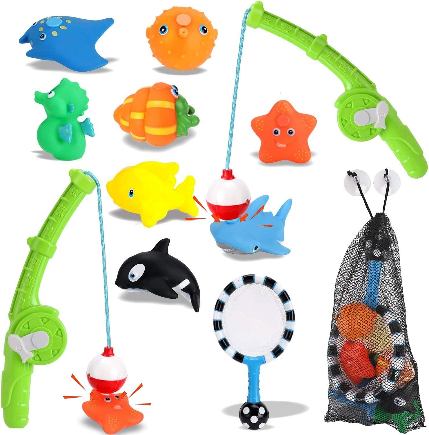 wholesale magnetic toddler bath toys - kids fishing pool game set of 2 fishing poles, 8 rubber sea animals, & net - water toys with mesh organizer bag factory & supplier oem