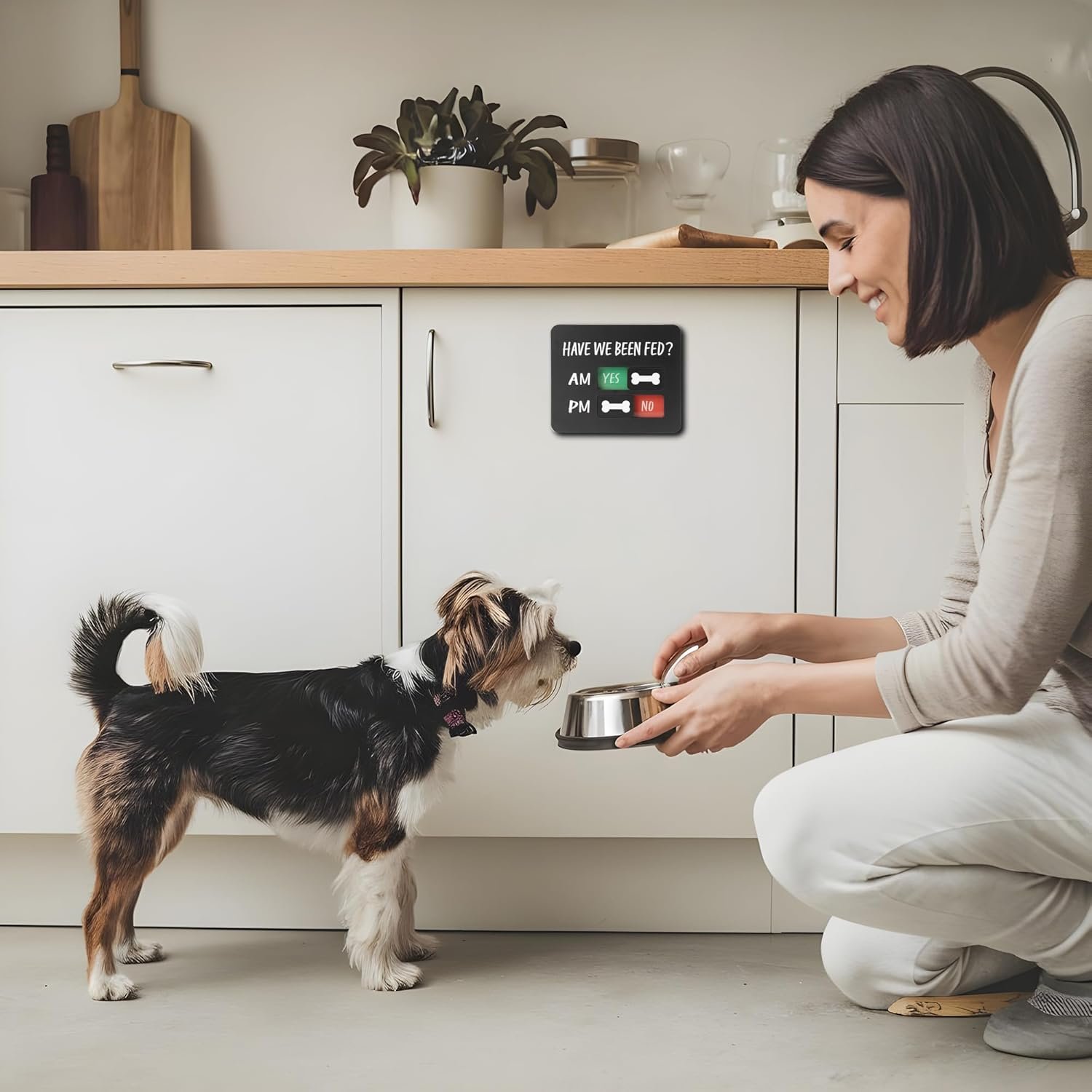 wholesale dog feeding reminder sign with magnet, pet feeding tracker with have we been fed, acrylic slider sign for fridge, am pm feed chart sign with yes no option, black with 2 stickers, 4.7