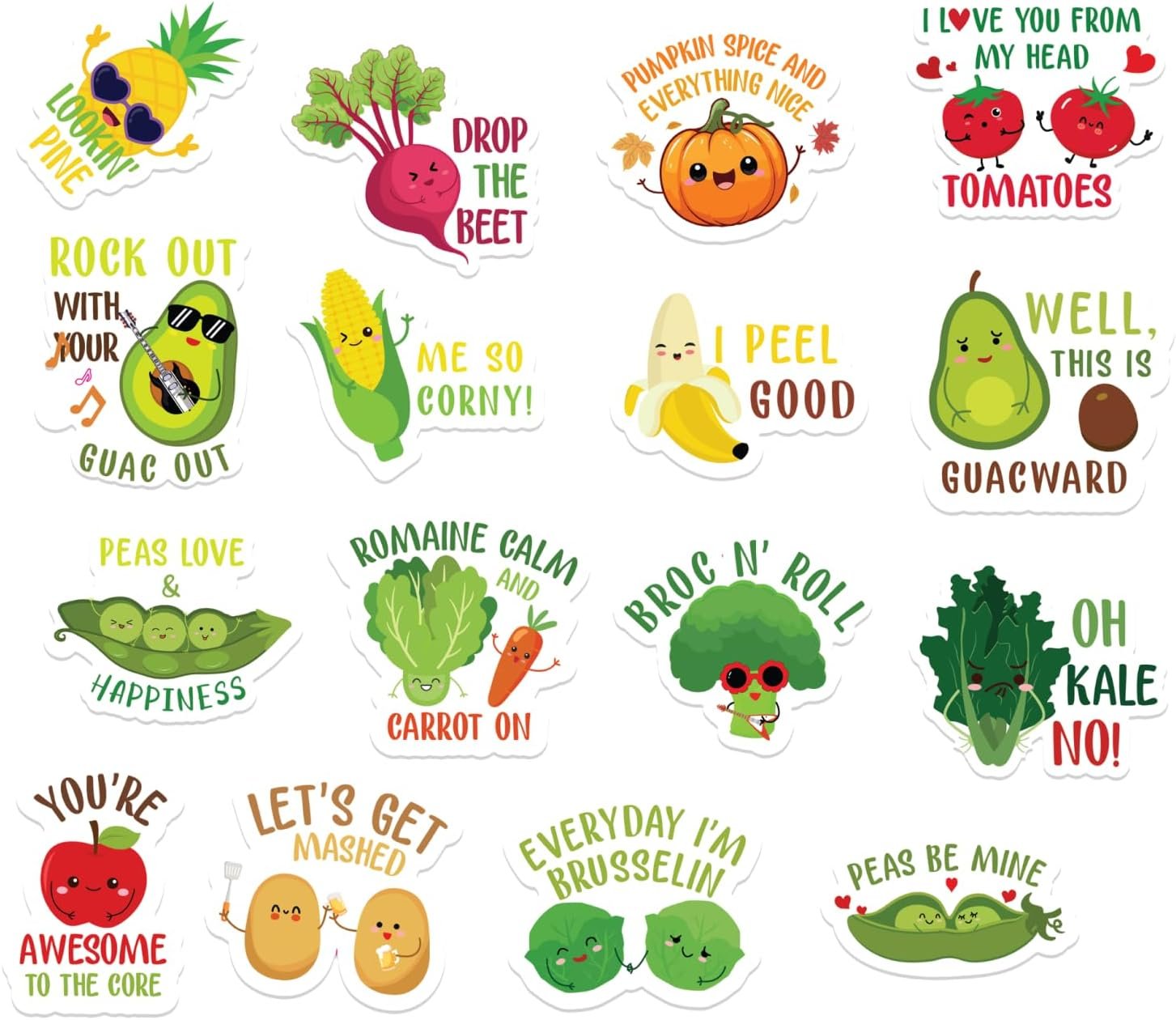 wholesale food stickers, 16pcs veggie and fruit stickers – non-magnet removable apply reuse anywhere from fridge, laptop, notebook to water bottle - funny pun dietitian gifts factory & supplier oem