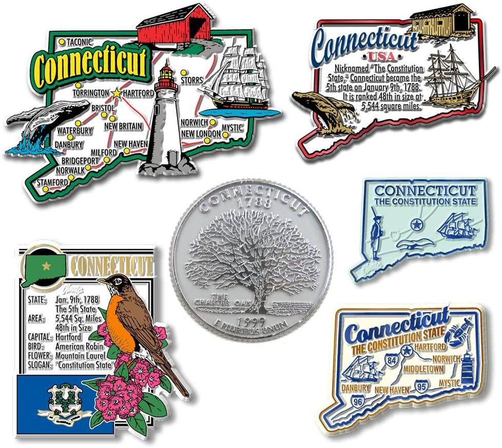 wholesale connecticut six-piece state magnet set by classic magnets, includes 6 unique designs, collectible souvenirs made in the usa factory & supplier oem