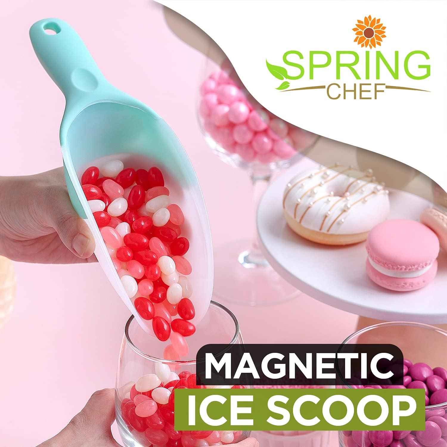 wholesale spring chef dog food scoop, contoured translucent flexi-plastic pet food scooper with soft grip handle, kitchen magnetic ice scoop for freezer, ice machine, popcorn, flour, coffee bean - mint factory & supplier oem