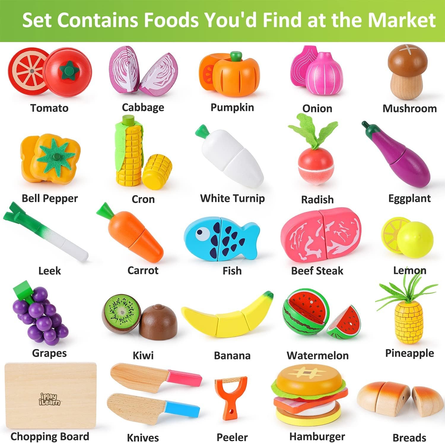 wholesale iplay, ilearn wooden play food toy, kids wood cutting magnetic fruit vegetables, toddler cooking pretend play kitchen food set, montessori educational birthday gift for age 3 4 5 6 7 year old girl boy factory & supplier oem