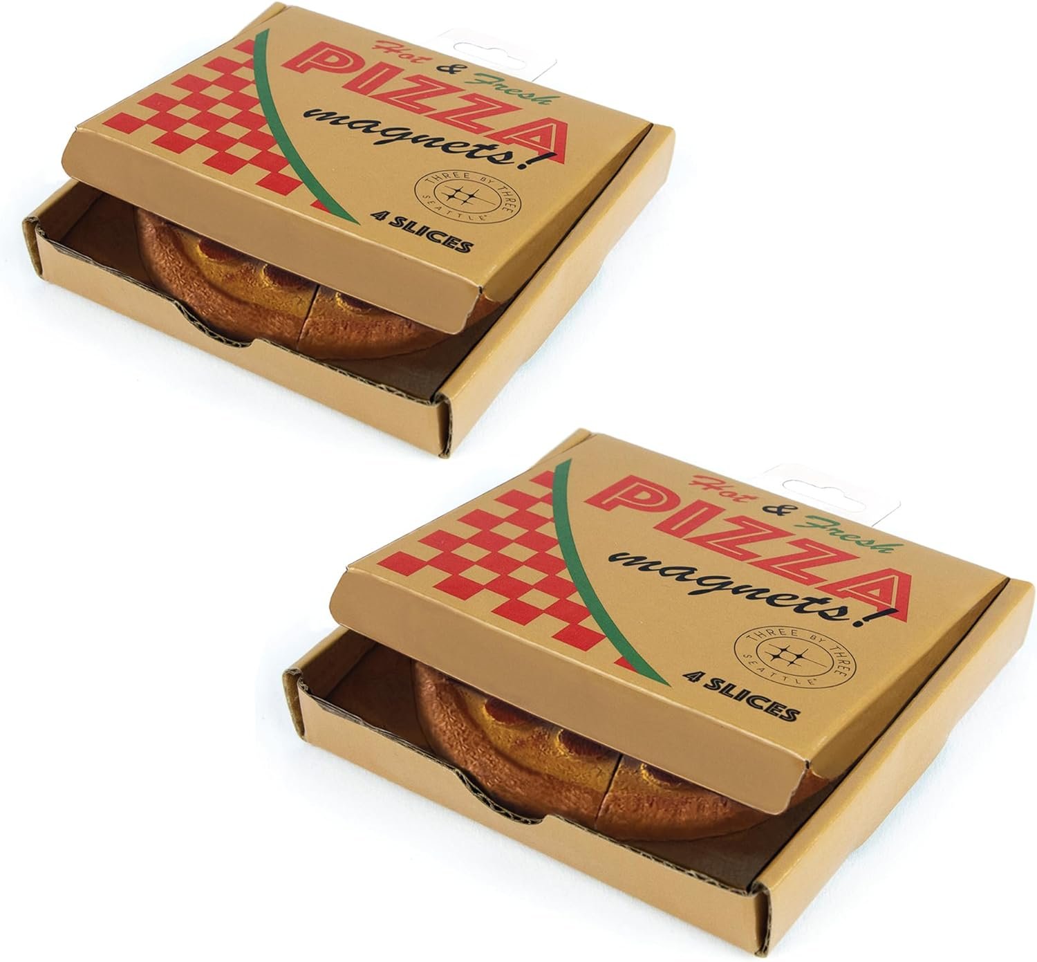 wholesale three by three seattle colorful pizza magnets | adorable, strong, and perfectly sized, backed with mighties magnets, hand-painted | two 4-packs (8 total) in iconic packaging factory & supplier oem