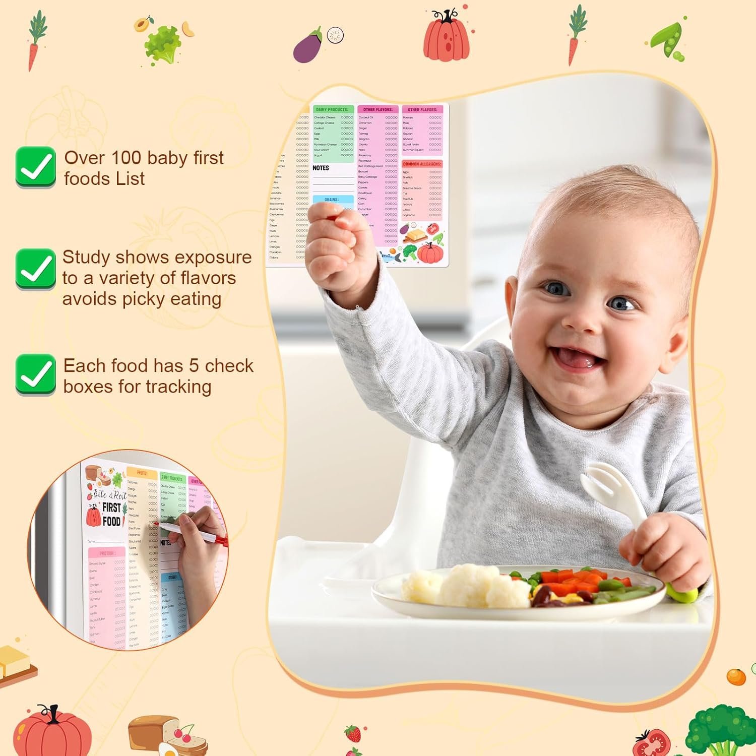 wholesale 13.78x9.84in magnet food list for fridge, baby first foods tracker essential baby food checklist chart with magnetic pen 101 before one baby feeding chart poster for toddler daily log factory & supplier oem