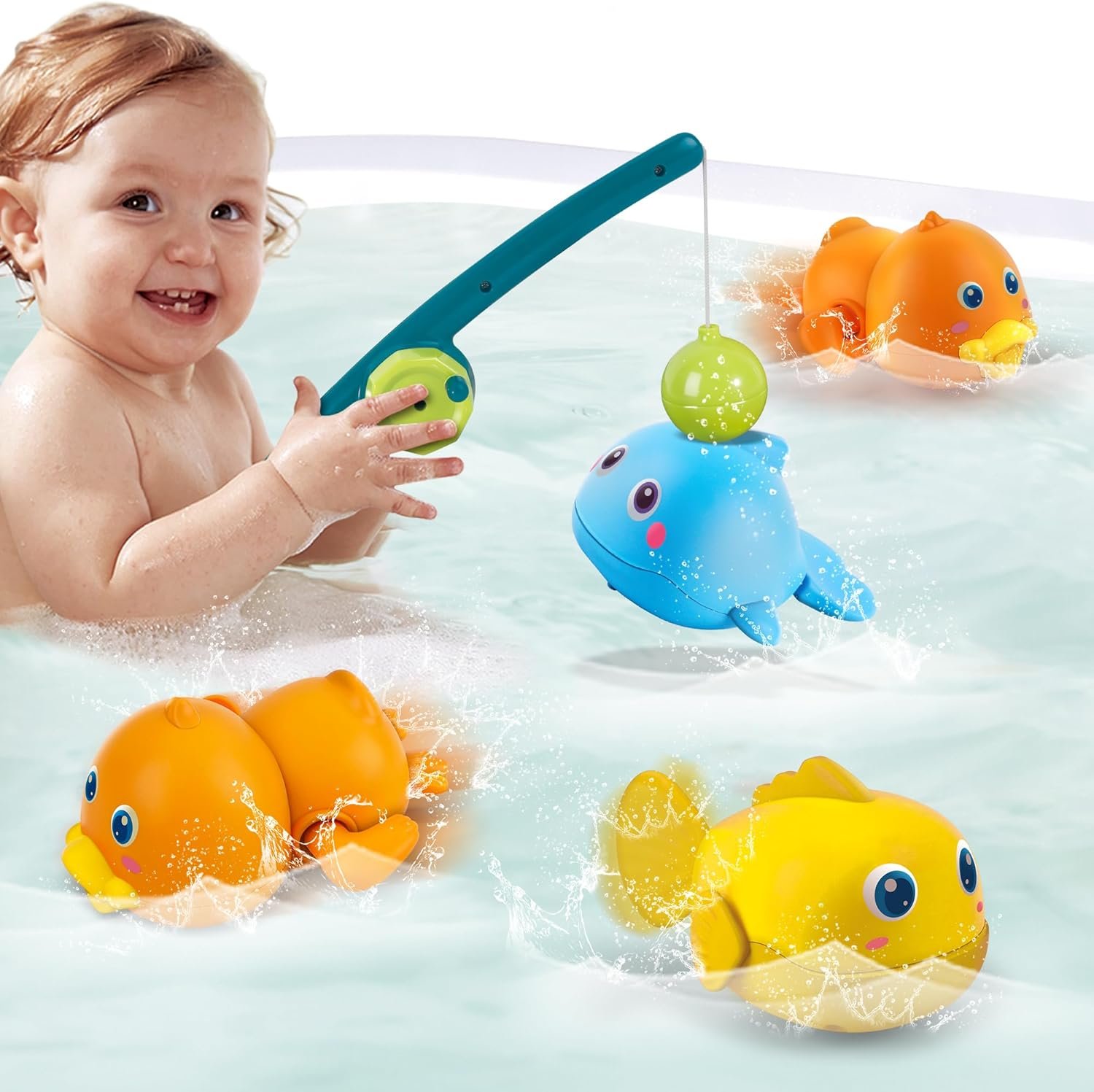 wholesale dwi dowellin bath toys for toddlers, magnetic fishing games kids bathtub toys, mold free wind-up toys swimming fish duck whale floating water toys for kids baby infant factory & supplier oem