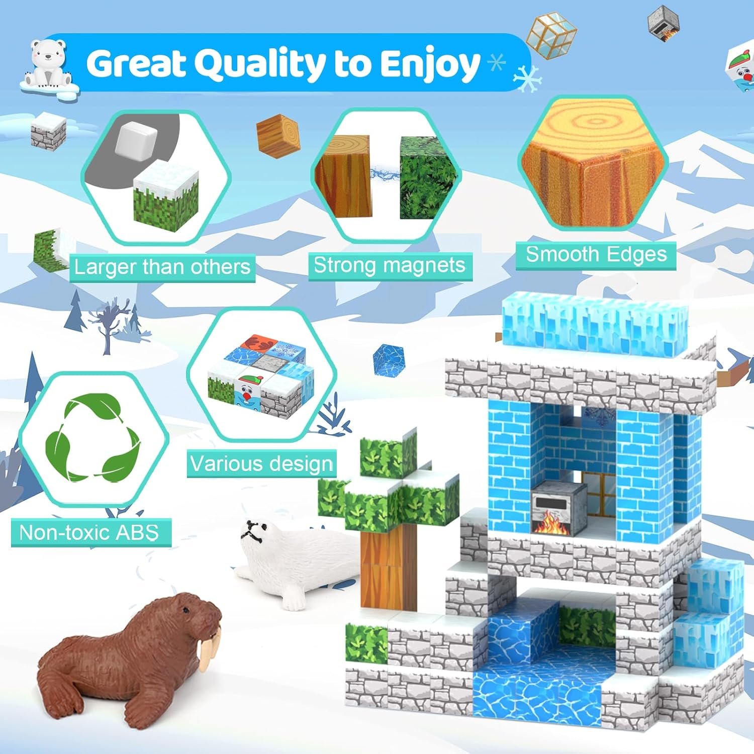 wholesale magnetic blocks 110pcs with 6 animal toys, snow world building blocks set, boys & girls age 4-6,5-7,6-8, stacking building for toddlers & kids 3+ factory & supplier oem