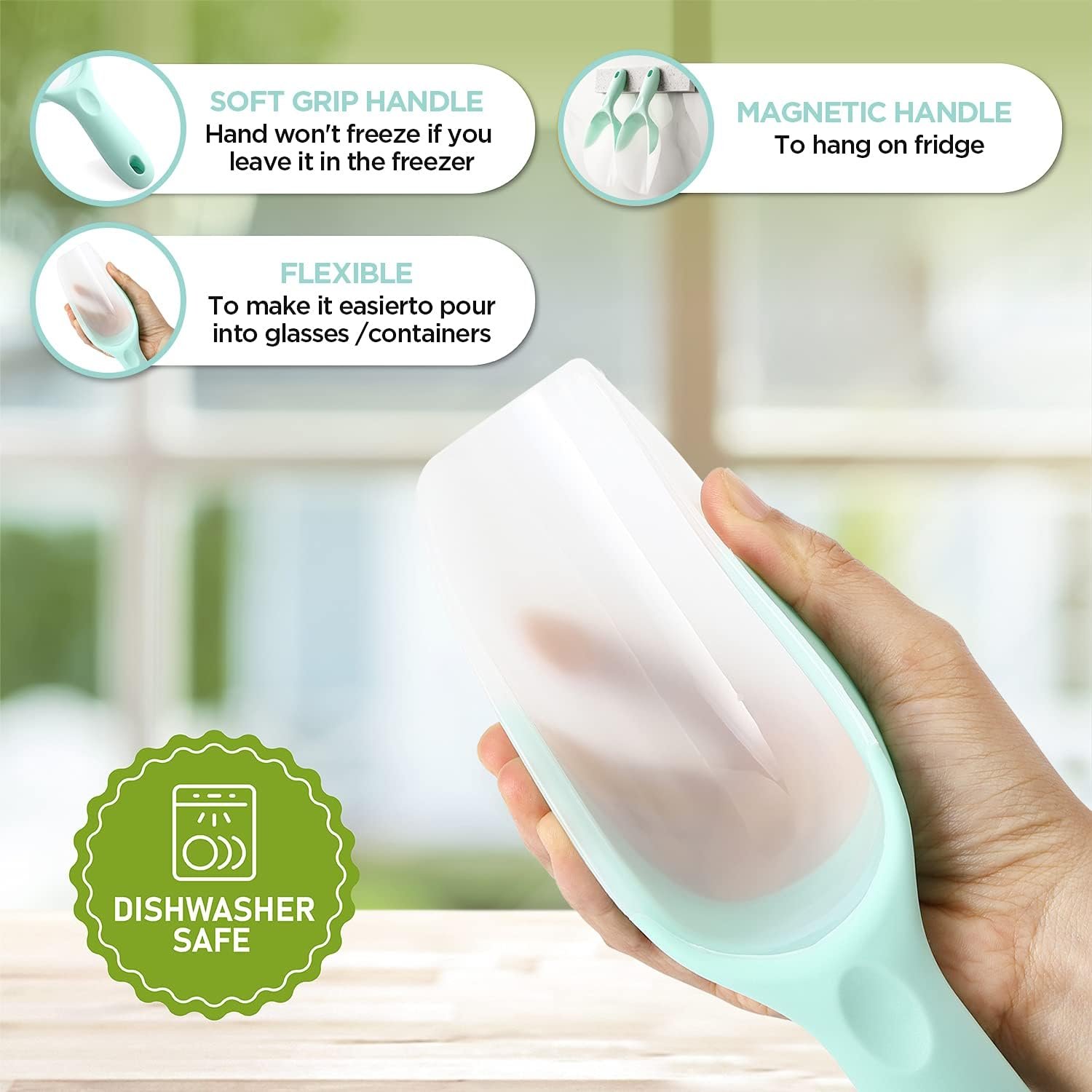 wholesale spring chef dog food scoop, contoured translucent flexi-plastic pet food scooper with soft grip handle, kitchen magnetic ice scoop for freezer, ice machine, popcorn, flour, coffee bean - mint factory & supplier oem