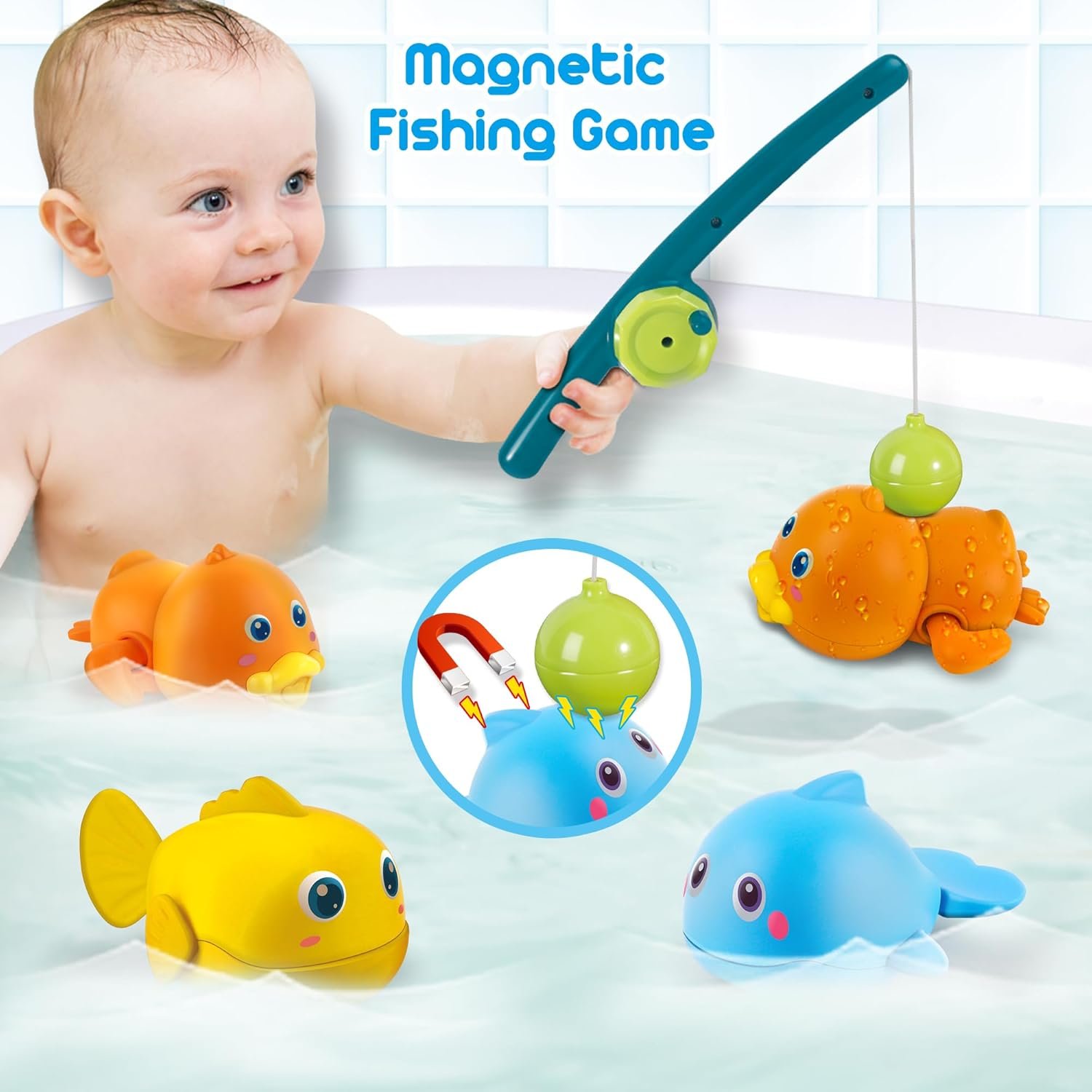 wholesale dwi dowellin bath toys for toddlers, magnetic fishing games kids bathtub toys, mold free wind-up toys swimming fish duck whale floating water toys for kids baby infant factory & supplier oem