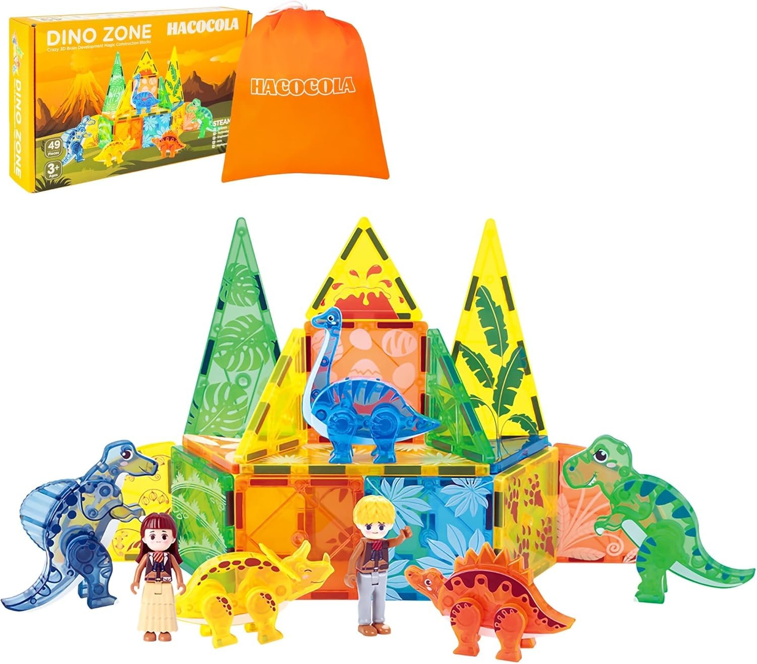 wholesale dinosaur magnetic tiles, educational magnet tiles building block toy dino world, learning construction magnetic toys set for boys girls kids age 3 4 5 6 7 8（49 pcs） factory & supplier oem