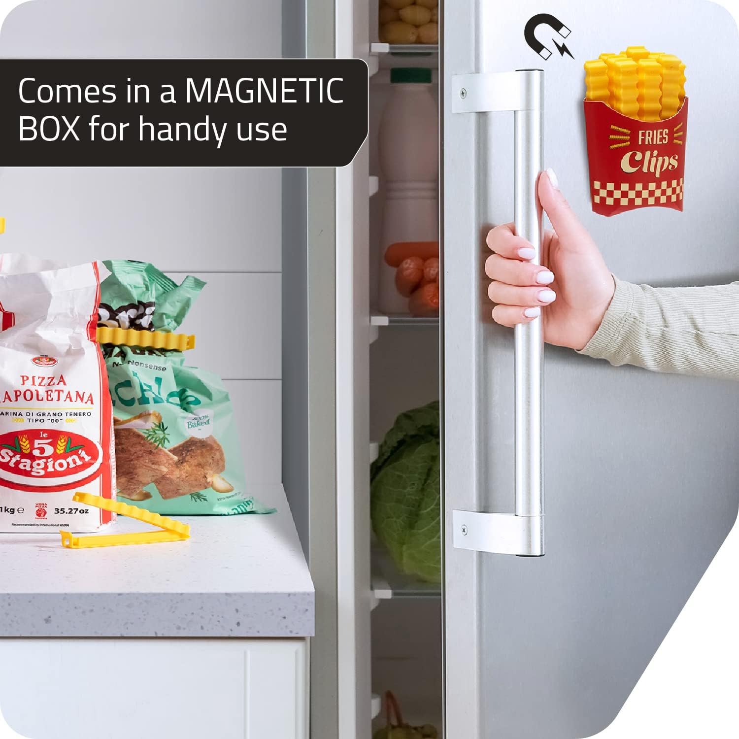 wholesale fries clips: 12 cute french-fries-shaped bag clips to seal opened food packages | fun bag clips for food in a magnetic box to always be at hand | cute kitchen accessories by peleg design factory & supplier oem