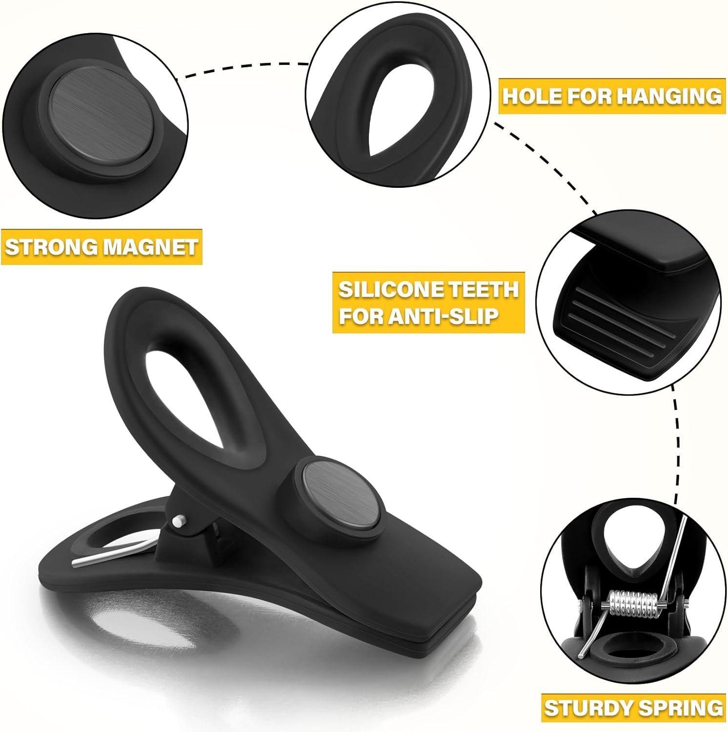 wholesale 10 pack magnetic chip clips, black plastic food clips with magnet for refrigerator factory & supplier oem