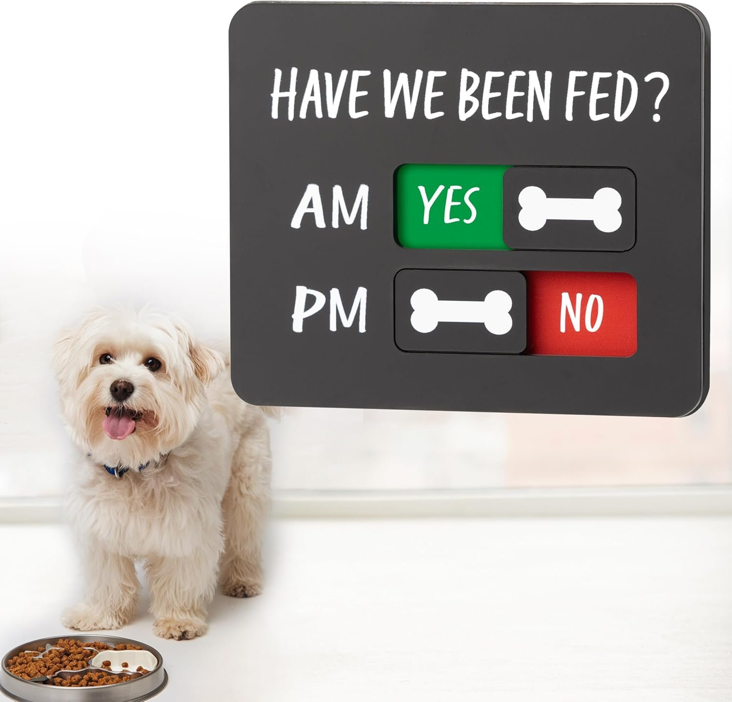 wholesale dog feeding reminder sign with magnet, pet feeding tracker with have we been fed, acrylic slider sign for fridge, am pm feed chart sign with yes no option, black with 2 stickers, 4.7