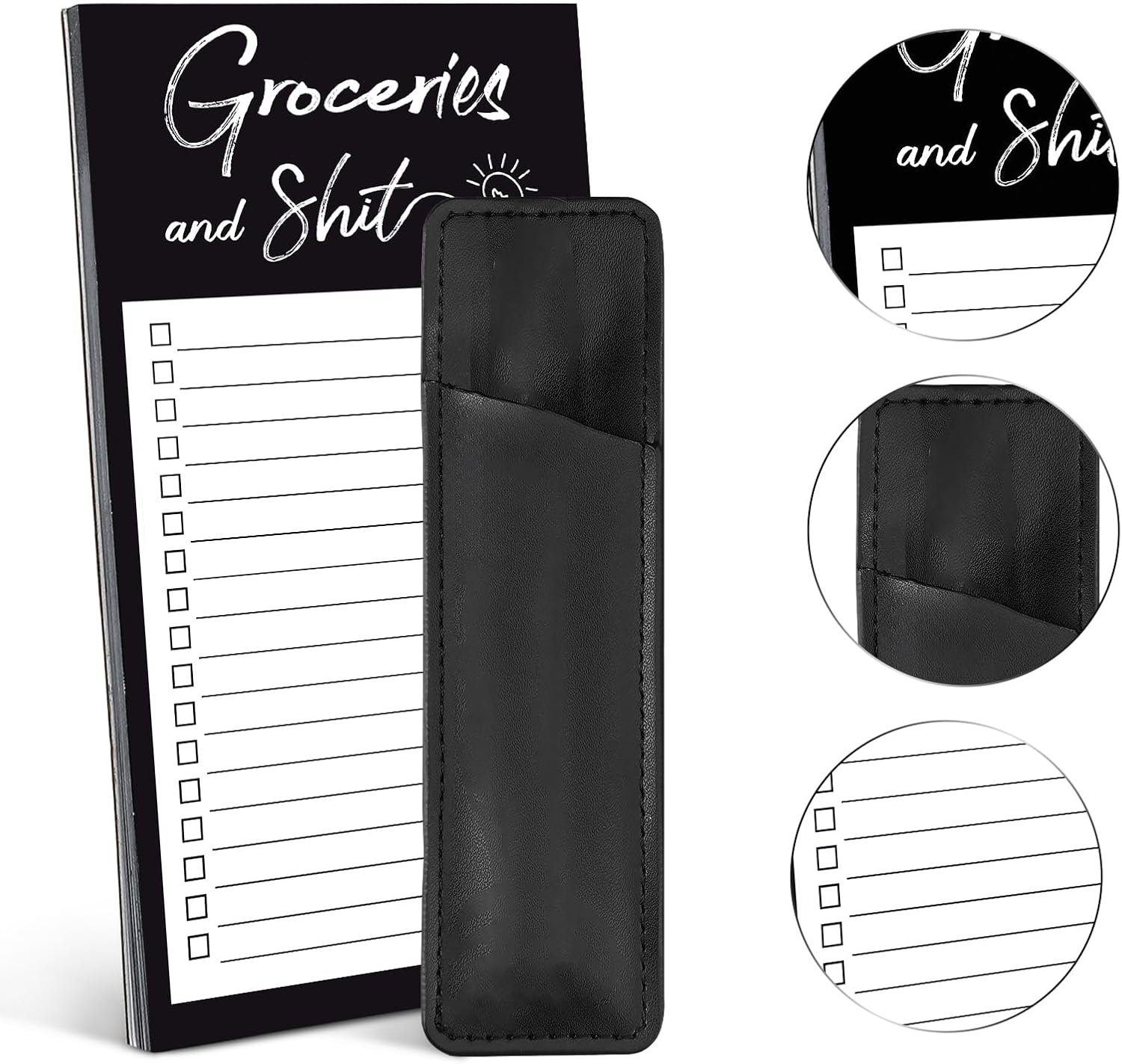 wholesale grocery list pads funny memo notepad magnet refrigerator notepad with 1 piece pen holder magnetic pu leather marker pouch for shopping and to do lists (black, stripe style) factory & supplier oem