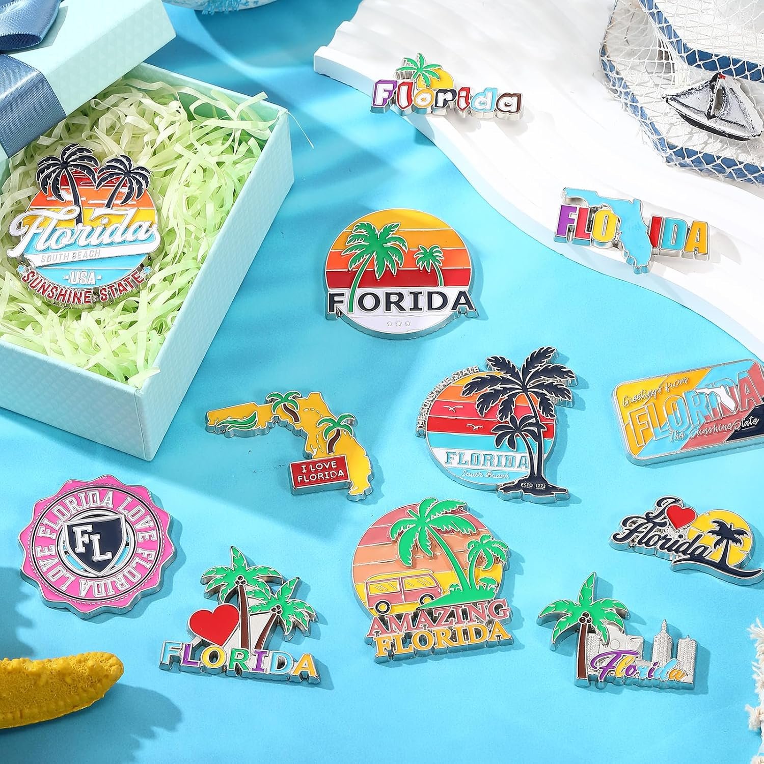 wholesale konohan 12 pcs florida magnets for refrigerator metal usa fridge magnet magnetic florida souvenirs gifts usa state magnetic refrigerator stickers, coconut tree, map factory & supplier oem