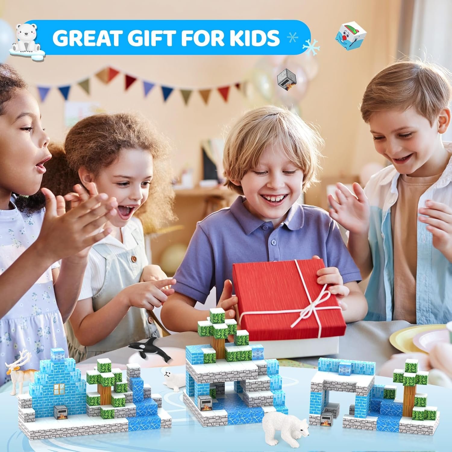wholesale magnetic blocks 110pcs with 6 animal toys, snow world building blocks set, boys & girls age 4-6,5-7,6-8, stacking building for toddlers & kids 3+ factory & supplier oem