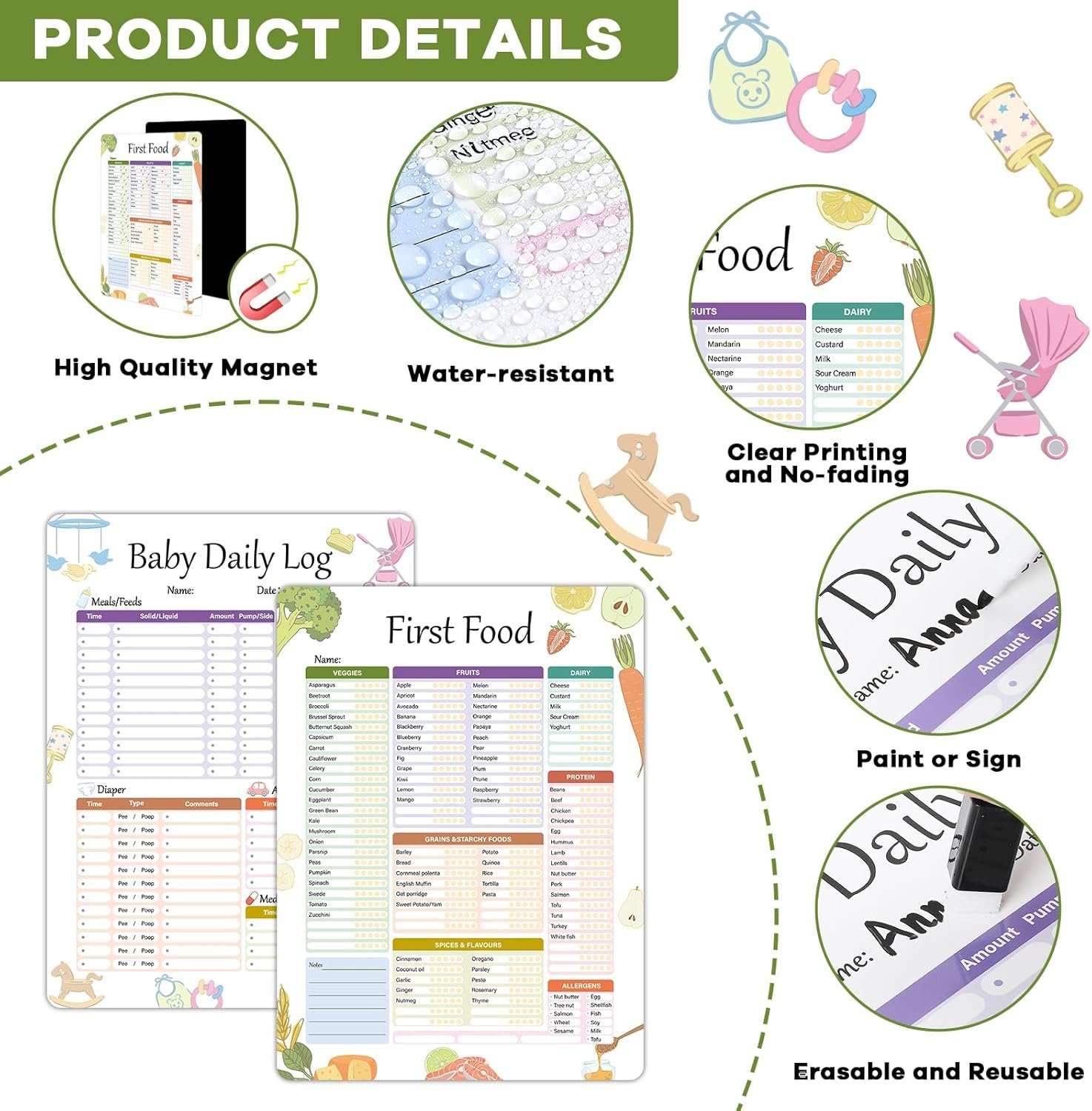 wholesale baby's first foods tracker fridge magnet, foods before 1 checklist magnet, reusable daily food log, baby food chart for new parents,nanny, babysitter 13.8 x 10.2inches factory & supplier oem