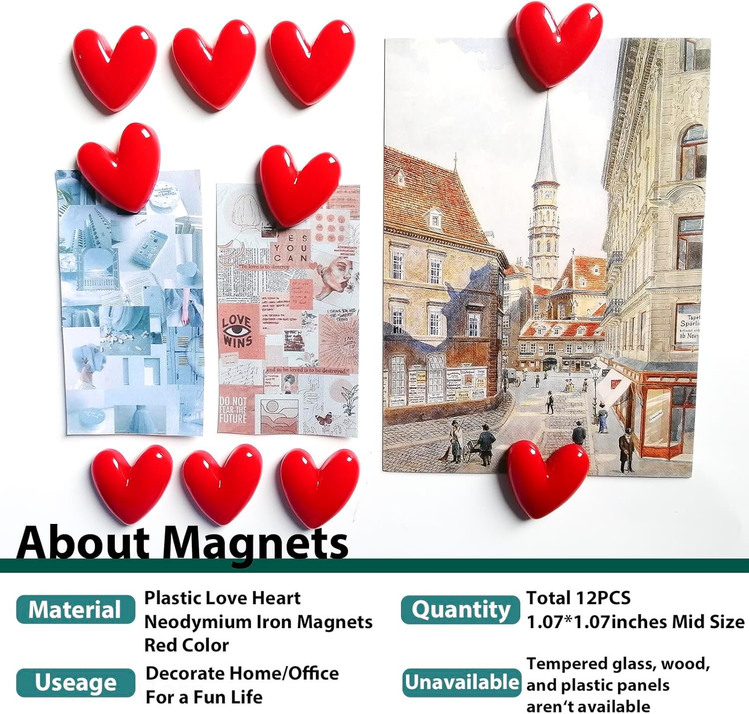 wholesale 12pcs love heart refrigerator magnets cute magnet for fridge 1.07 * 1.07 inch middle size red color love heart decorative whiteboard magnet set factory & supplier oem