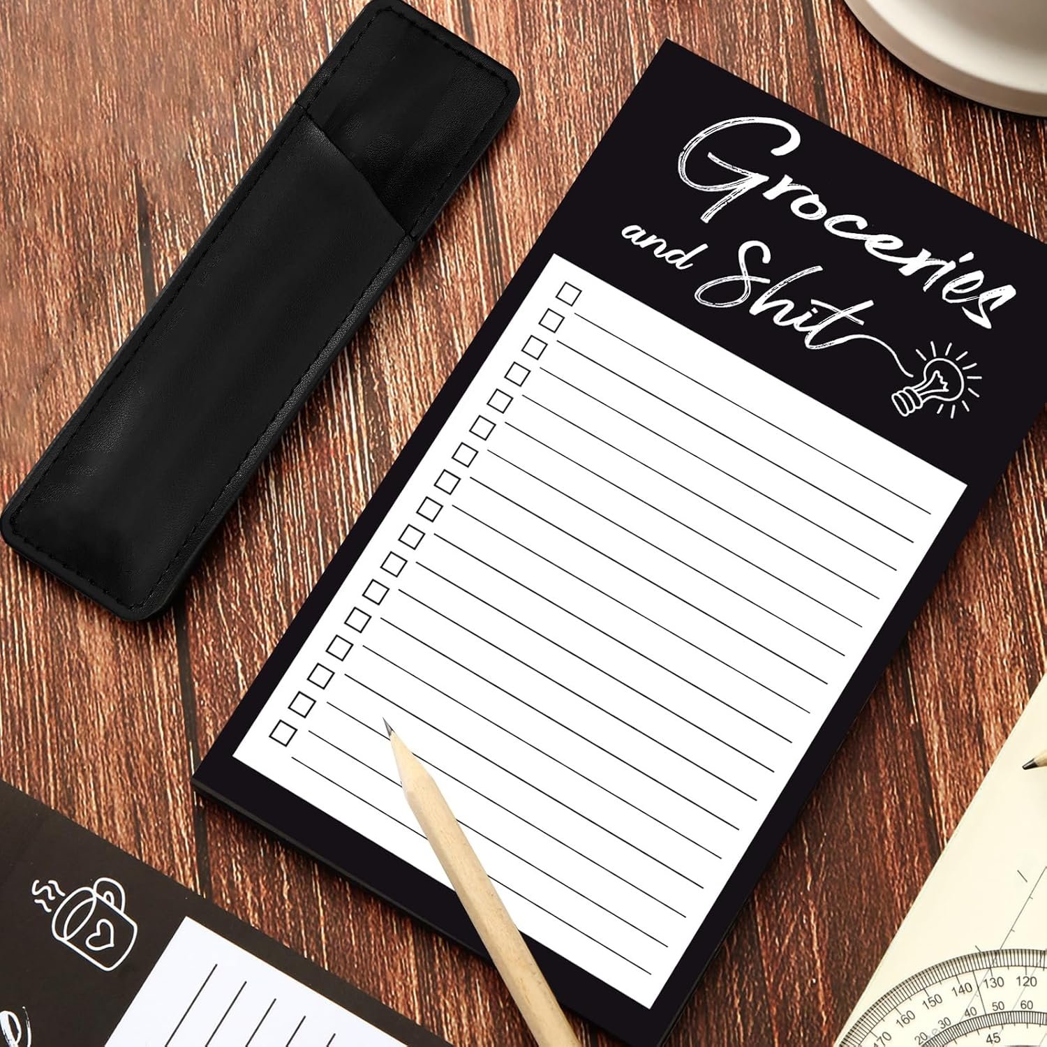 wholesale grocery list pads funny memo notepad magnet refrigerator notepad with 1 piece pen holder magnetic pu leather marker pouch for shopping and to do lists (black, stripe style) factory & supplier oem