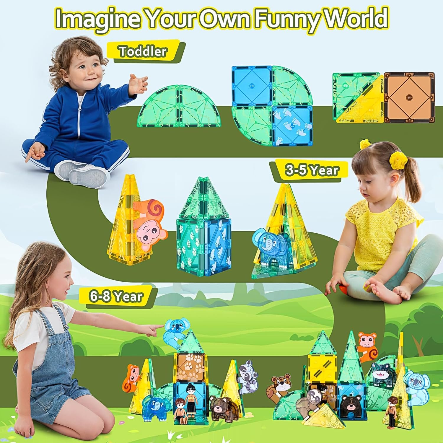 wholesale magnetic tiles set, magnet blocks building toys, safari animals magnetictile for toddler 3-5, assembly 3d structure jungle & forest theme, stem learning toy for kids girls,boys age 3 4 5 6 7 factory & supplier oem