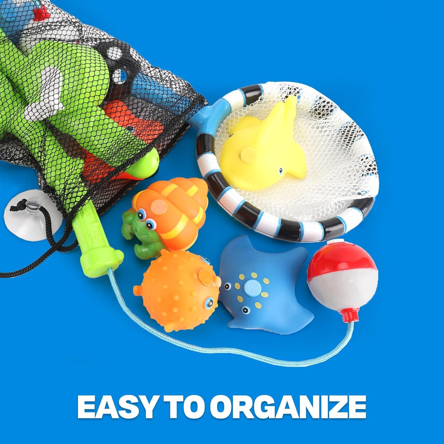 wholesale magnetic toddler bath toys - kids fishing pool game set of 2 fishing poles, 8 rubber sea animals, & net - water toys with mesh organizer bag factory & supplier oem