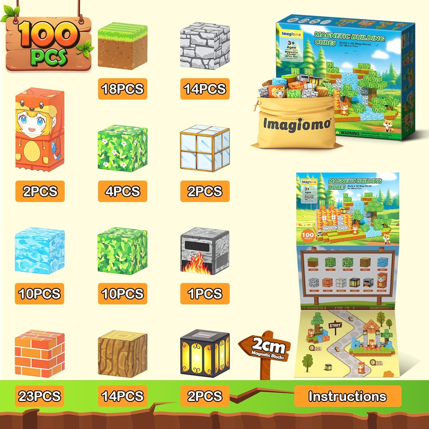 wholesale 100pcs magnetic blocks - build mine magnet world forest fox adventure set, magnetic toys kids games for boys & girls age 3-5 5-7 8-12, sensory construction outdoor toys for toddlers birthday gifts factory & supplier oem