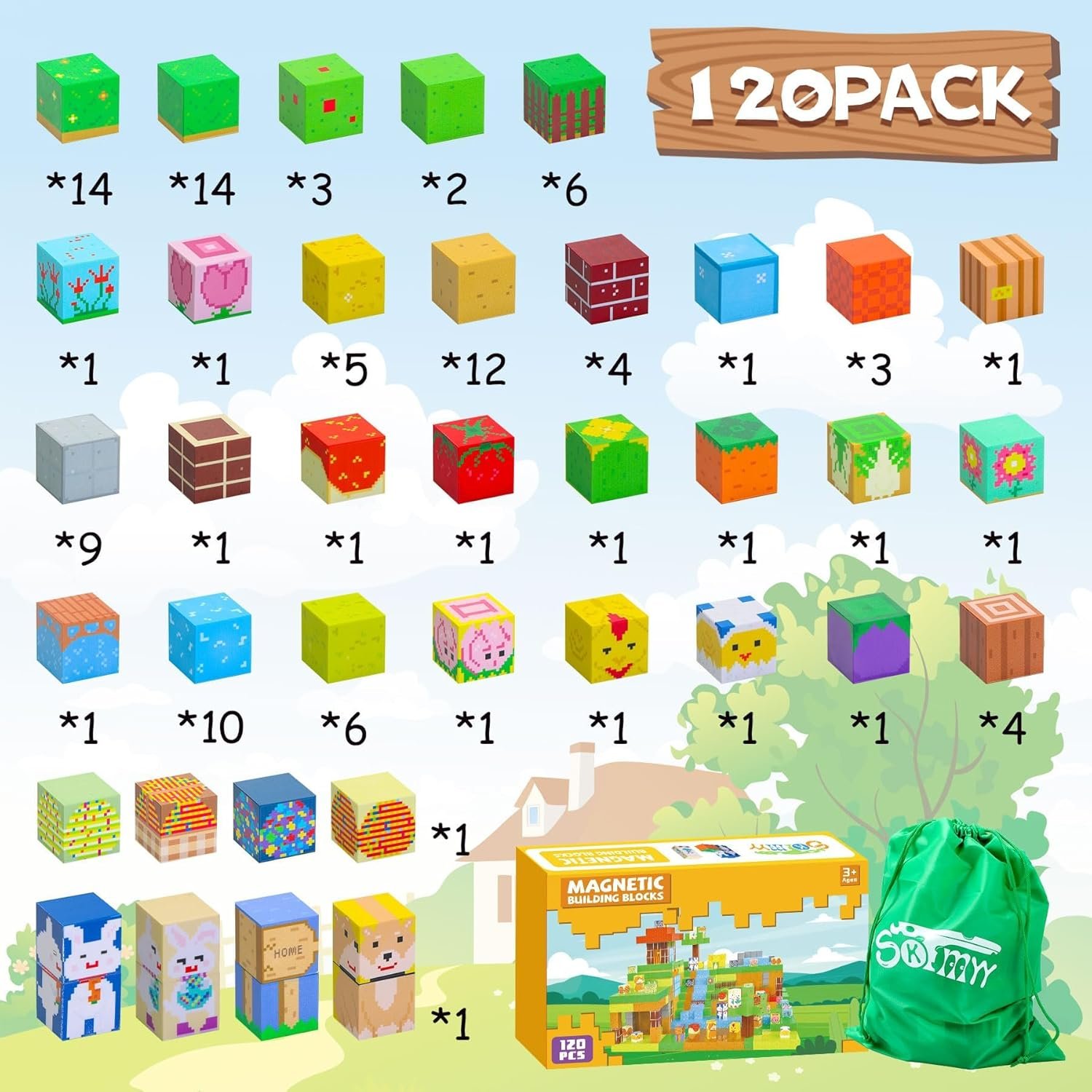 wholesale magnetic blocks-120pcs farm magnetic building blocks,stem montessori sensory toys for toddlers kids boys girls ages 3-5 4-8 5-7,magnets toy for toddler 3+ year old factory & supplier oem