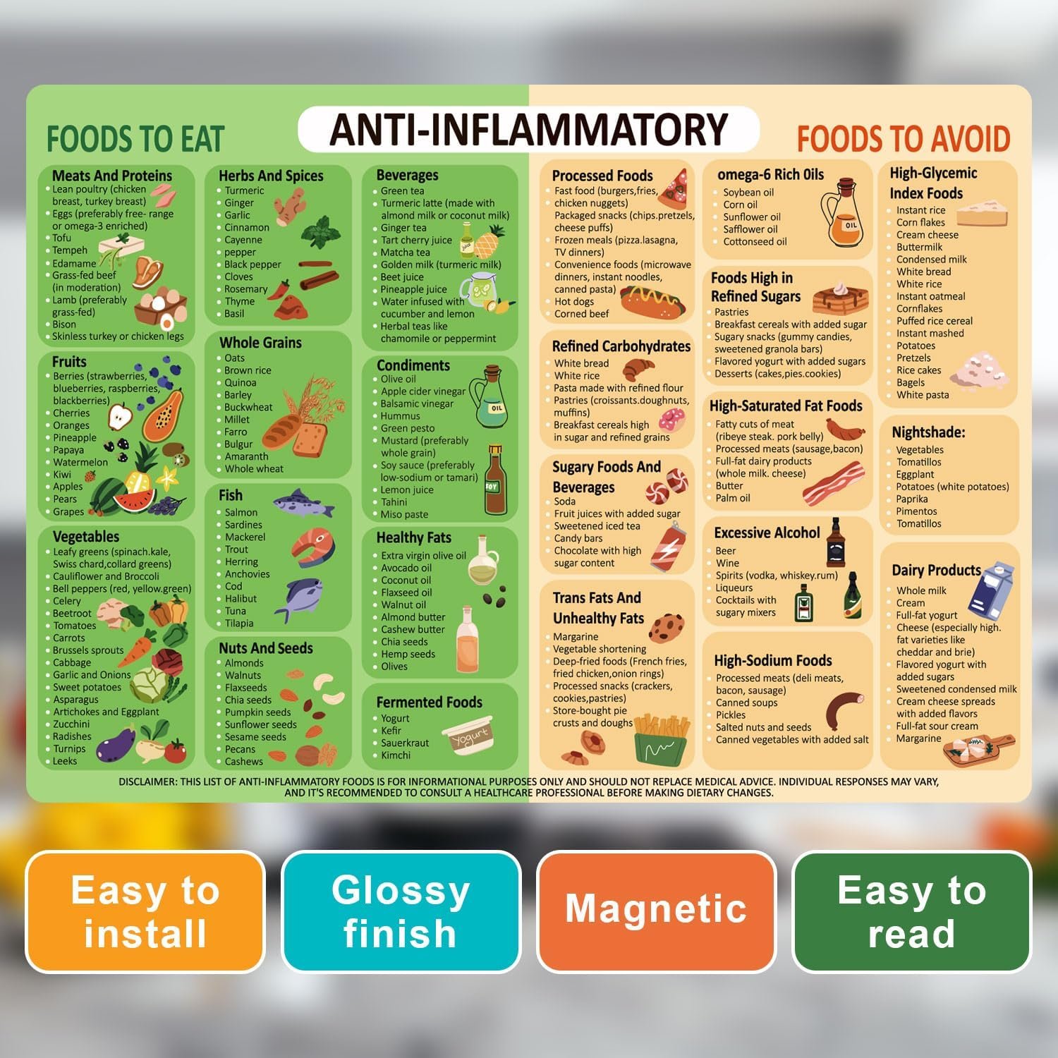 wholesale gosknor anti-inflammatory diet food guide fridge magnet, anti-inflammatory food list chart fridge magnet 14x10 inch strong magnetic nutritional food list poster board for beginners factory & supplier oem