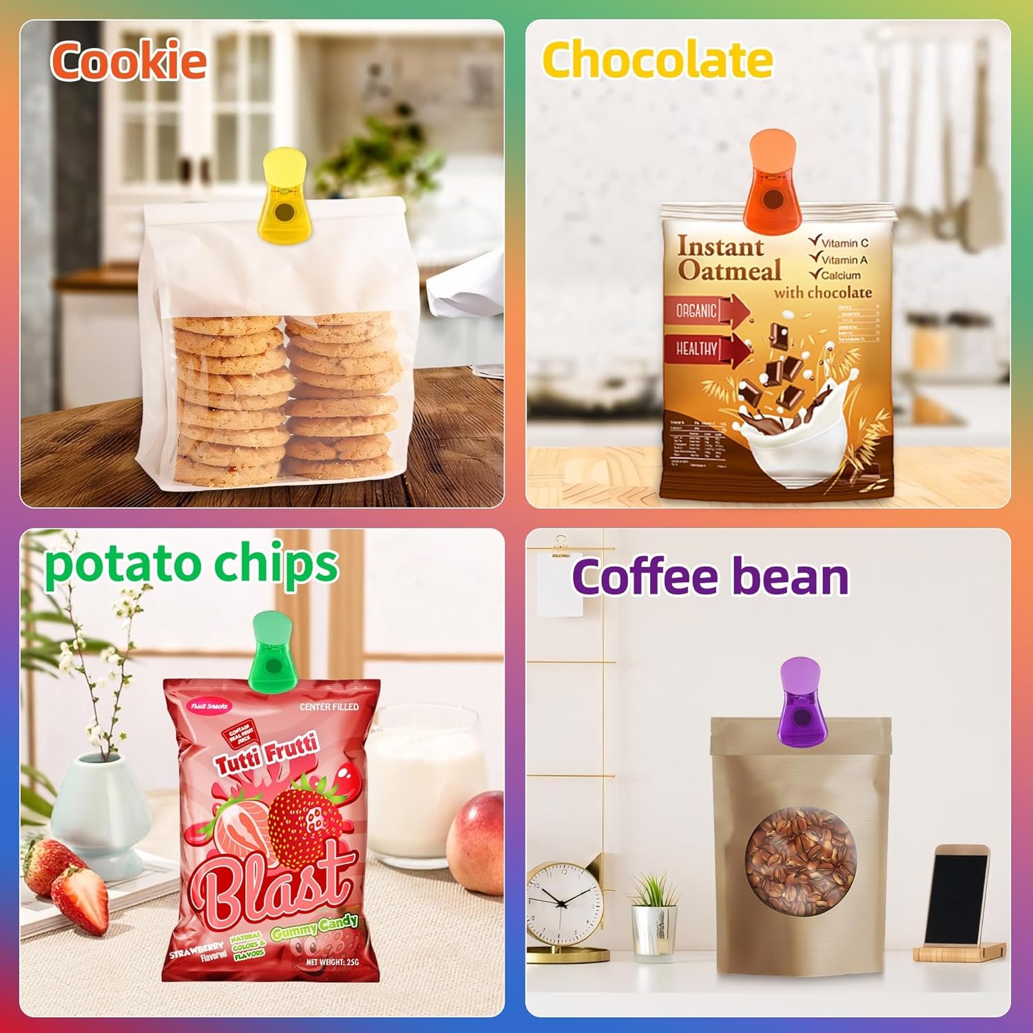 wholesale bag clips, 12 pack food chip snack bag sealing clips, color refrigerator magnet clips air-tight clips for home kitchen storage factory & supplier oem